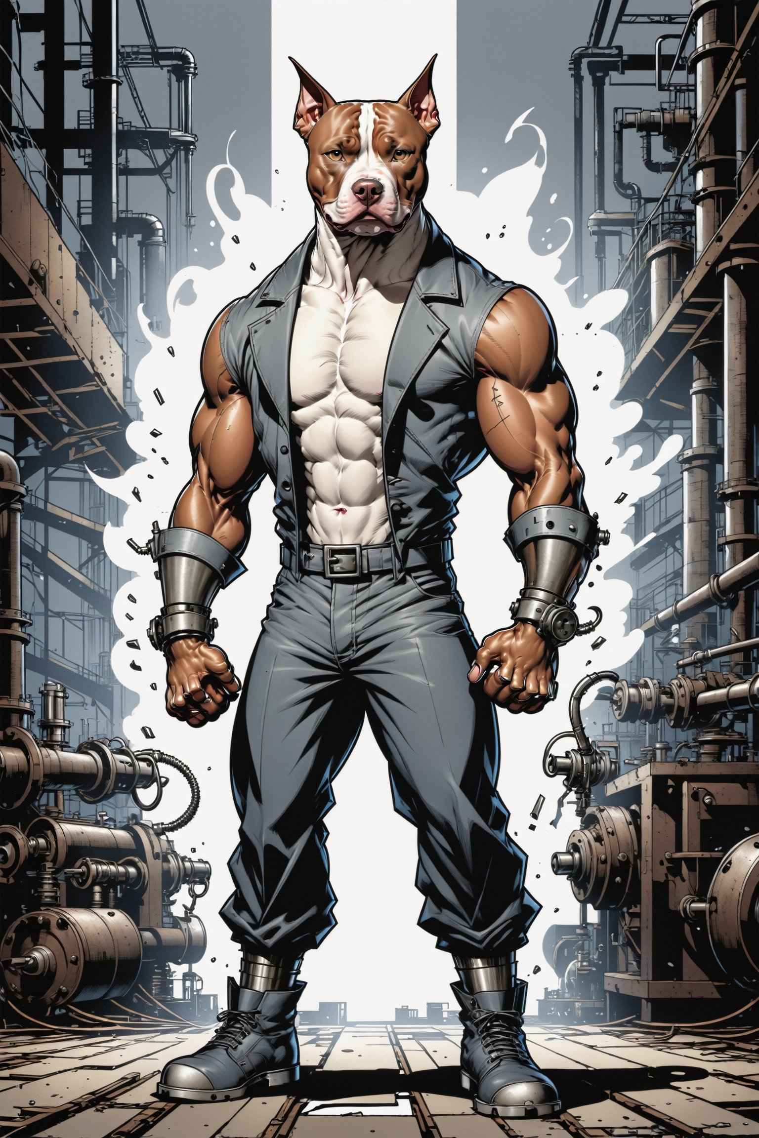 midshot, cel-shading style, centered image, ultra detailed illustration of the comic character ((The Pitbull , ((industrial background)), by Todd McFarlane)), posing, (((Full Body))),  (((it's coloring are White, brown and gray))), ((natural colors)), inkpunk, ink lines, strong outlines, art by MSchiffer, bold traces, unframed, high contrast, cel-shaded, vector, 4k resolution, best quality, (chromatic aberration:1.8