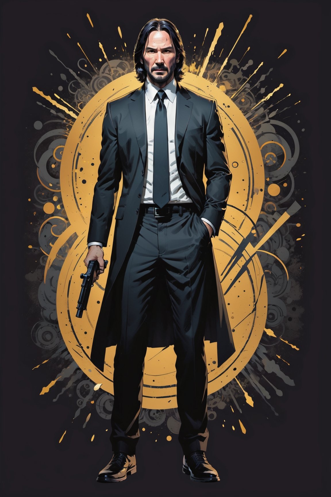 dark, gritty, realistic, mix of bold dark lines and loose lines, bold lines, on paper, turnaround character sheet, a stunningly beautiful (masterpiece, best quality:1.3), (2d:1.3), ink (medium), t-shirt design, black background, Full body, 2D illustration, John Wick, black color, (sharp lines), lines of bold ink, strong outlines, bold strokes, high contrast, (professional vector), best quality, flat colors, flat lights, no shadows, low levels, (gunpowder explosions), arcane symbols, runes, dark theme, Perfect composition golden ratio, masterpiece, best quality, 4k, sharp focus. Better hand, perfect anatomy, ((safe for work))