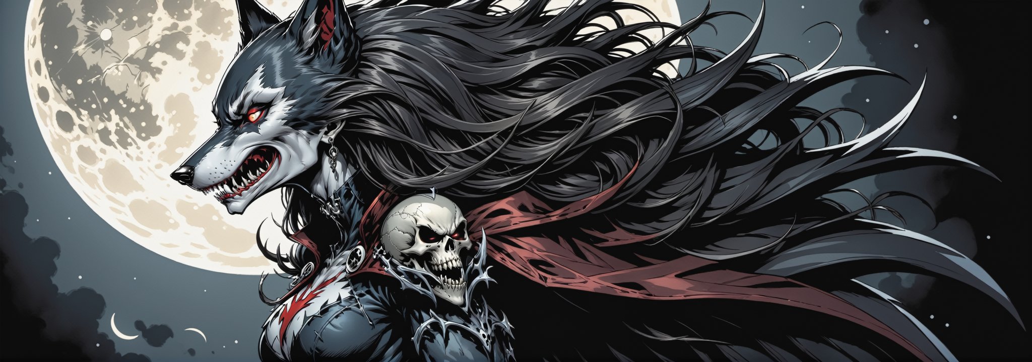 midshot, cel-shading style, centered image, ultra detailed illustration of the comic character ((female Spawn Wolf lady, by Todd McFarlane)), posing, long black long hair, Gray brown, and black suit with a skull emblem, ((view from Behind she’s looking over her shoulder)), ((Full Body)), ((perfect hands)), the moon in the background, (tetradic colors), inkpunk, ink lines, strong outlines, art by MSchiffer, bold traces, unframed, high contrast, cel-shaded, vector, 4k resolution, best quality, (chromatic aberration:1.8)