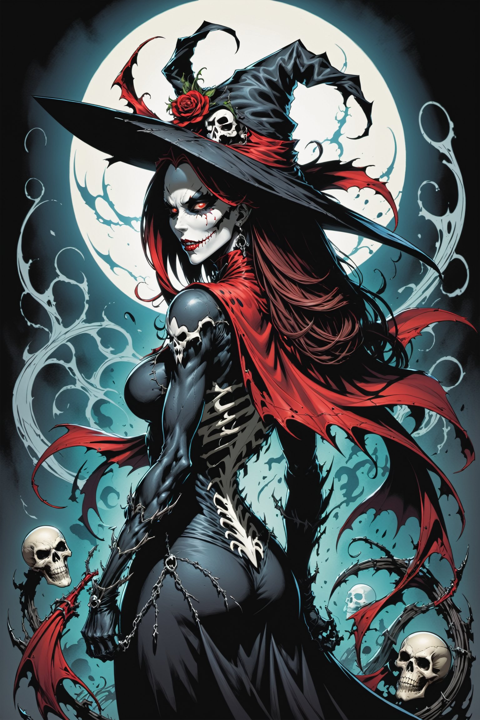 midshot, cel-shading style, centered image, ultra detailed illustration of the comic character ((female Spawn Which by Todd McFarlane)), posing, Black, dress with a skull emblem, ((wearing a large rimmed Single pointed hat)), ((View from Behind she's looking over her shoulder)), ((Full Body)), ((View from behind)), (tetradic colors), inkpunk, ink lines, strong outlines, art by MSchiffer, bold traces, unframed, high contrast, cel-shaded, vector, 4k resolution, best quality, (chromatic aberration:1.8)