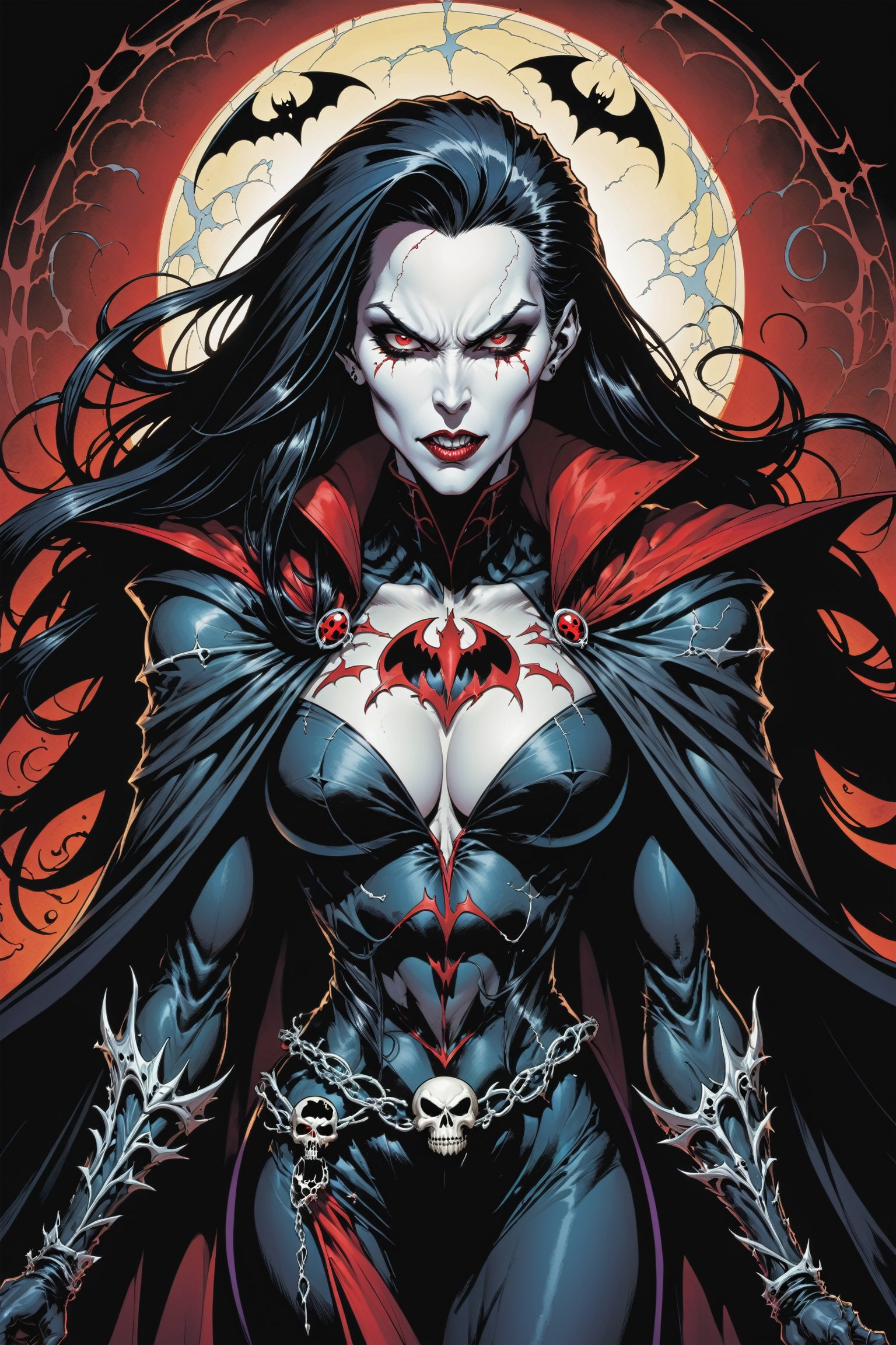 midshot, cel-shading style, centered image, ultra detailed illustration of the comic character ((female Spawn Dracula, by Todd McFarlane)), posing, she has long black hair, black suit with a skull emblem, long flowing cape, ((Half Body)), (tetradic colors), inkpunk, ink lines, strong outlines, art by MSchiffer, bold traces, unframed, high contrast, cel-shaded, vector, 4k resolution, best quality, (chromatic aberration:1.8)