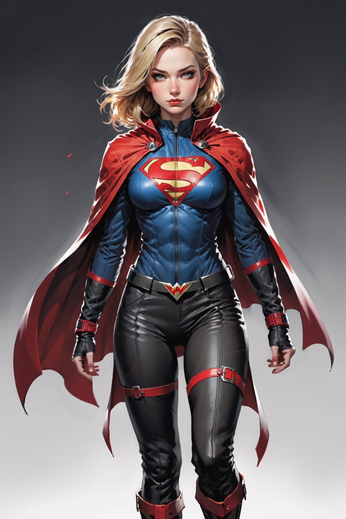 dark, gritty, realistic, mix of bold dark lines and loose lines, bold lines, on paper, turnaround character sheet, a stunningly beautiful (masterpiece, best quality:1.3), (2d:1.3), ink (medium), t-shirt design, White background, ((Half body)),portrait, supergirl, long red cape, outer_space, space hair, levitating, sky, zero gravity, above city, (((View from behind, she is looking over her shoulder))), depth_of_field bits of color, Sketch book, hand drawn, dark, gritty, realistic sketch, Rough sketch, mix of bold dark lines and loose lines, bold lines, Black paper, turnaround character sheet, arcane symbols, runes, dark theme, flowing partially blonde hair, handsome, ((all black padded leather clothing with red accents)), embroidered with runes, modest, black leather pants,  leather rune embroidered boots, (sharp lines), lines of bold ink, strong outlines, bold strokes, high contrast, (professional vector), best quality, flat colors, flat lights, no shadows, low levels, ((geometric shapes)), paint splatters, ((arcane symbols)), runes, dark theme, Perfect composition golden ratio, masterpiece, best quality, 4k, sharp focus. Better hand, perfect anatomy, ((safe for work))