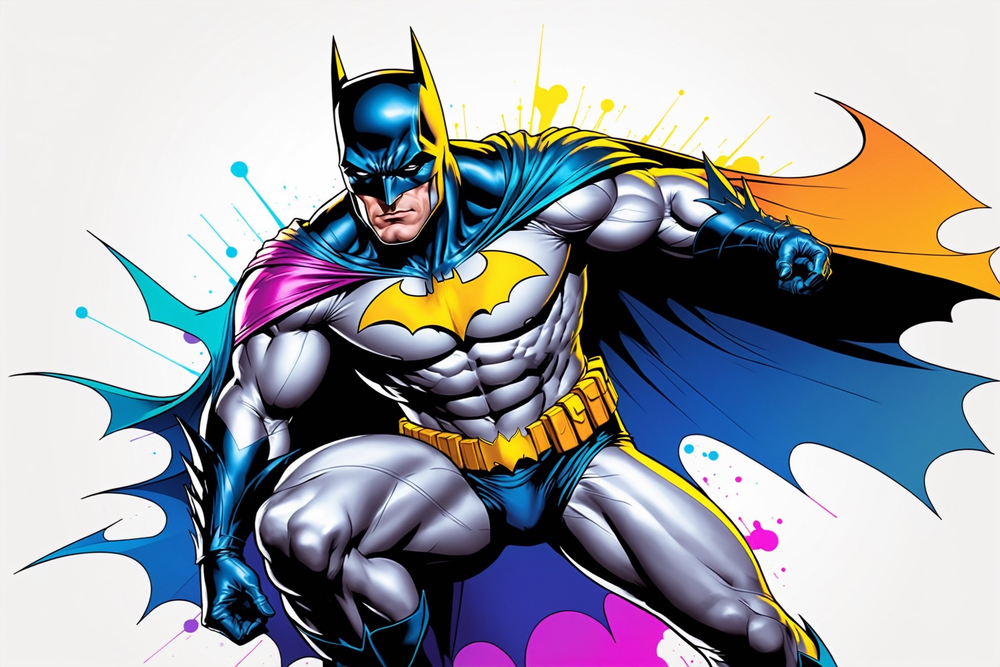 midshot, cel-shading style, centered image, ultra detailed illustration of Batman, posing, ((Full Body)), (tetradic colors), inkpunk, ink lines, strong outlines, art by MSchiffer, bold traces, unframed, high contrast, cel-shaded, vector, 4k resolution, best quality, (chromatic aberration:1.8)