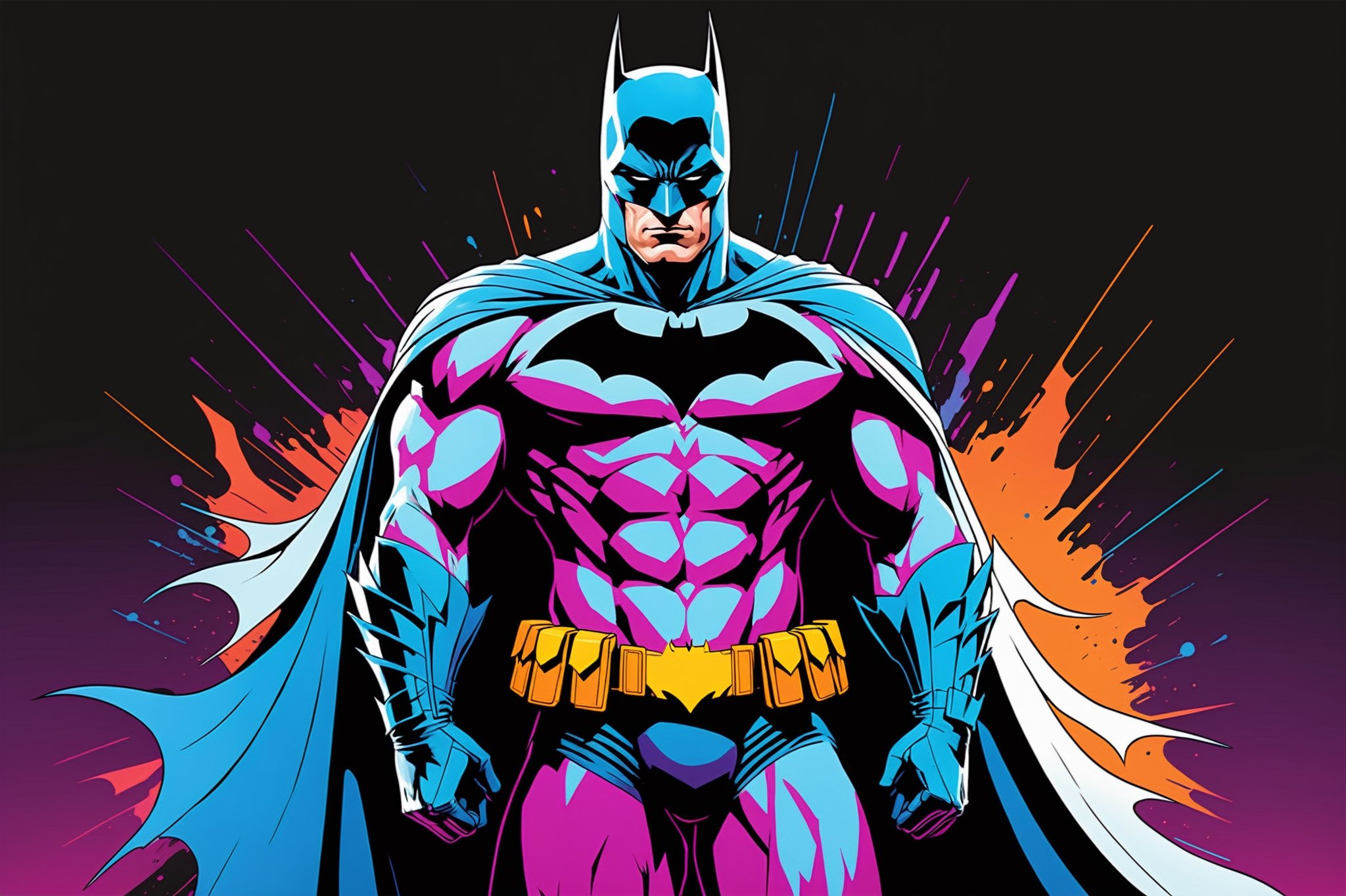 midshot, cel-shading style, centered image, ultra detailed illustration of Batman, posing, ((Full Body)), (tetradic colors), inkpunk, ink lines, strong outlines, art by MSchiffer, bold traces, unframed, high contrast, cel-shaded, vector, 4k resolution, best quality, (chromatic aberration:1.8)