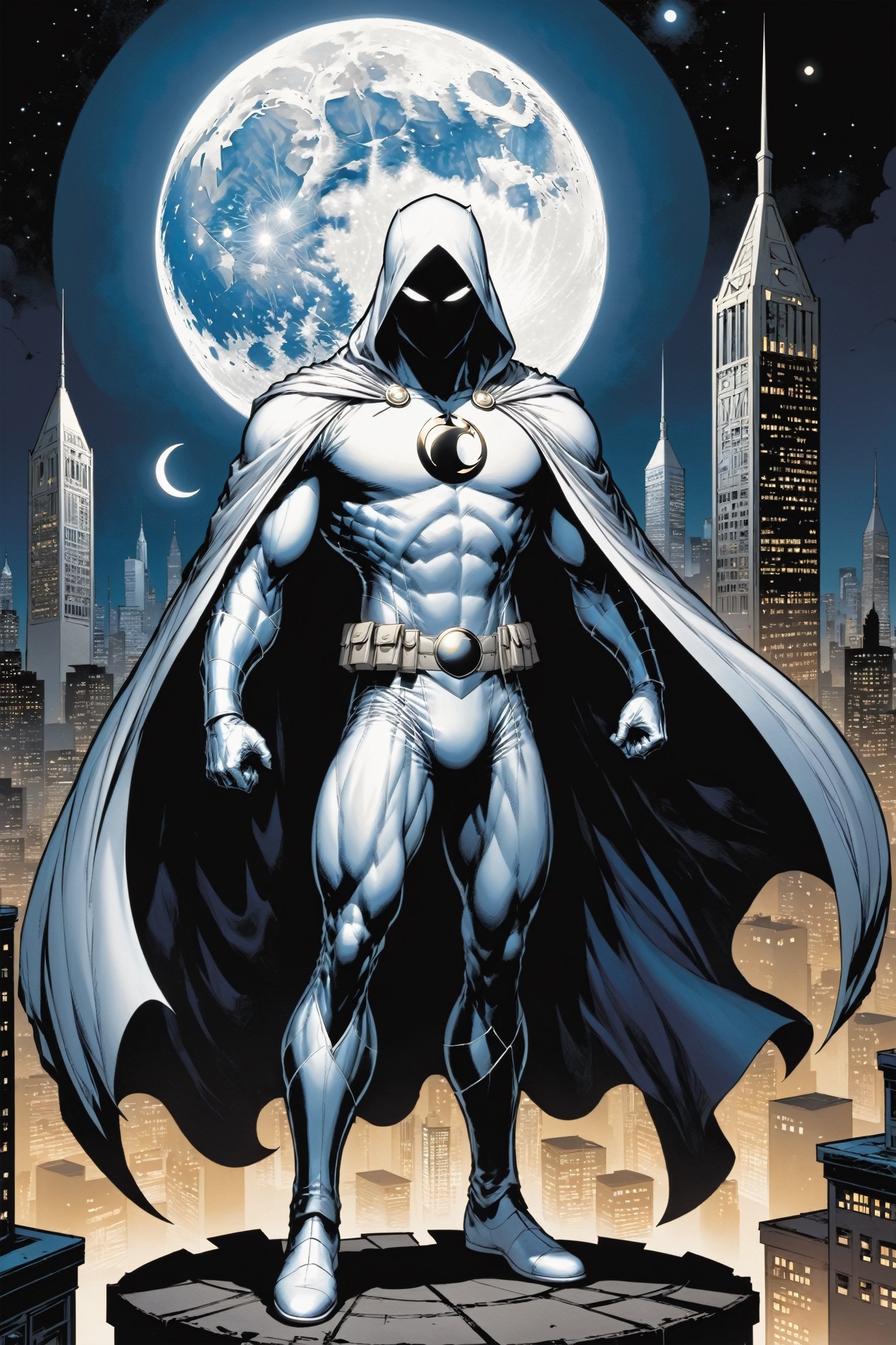 Standing atop a moonlit rooftop, the enigmatic figure known as Moon Knight cuts a striking silhouette against the city skyline. Clad in a suit of White leather, with a hooded cloak, ((adorned with intricate crescent moon motifs)), he exudes an aura of otherworldly power. His muscular physique is accentuated by the tight-fitting suit, which hugs his form like a second skin. A billowing White cape, flows behind him, adding to the air of mystique that surrounds him.

Atop his head rests a hooded cloak and cowl, concealing his features in shadow while his piercing white eyes gleam with an otherworldly intensity. In one hand, he grips a crescent-shaped staff, a versatile weapon capable of both striking down his foes and aiding in his acrobatic feats. On his utility belt, an array of gadgets and tools are holstered, ready to be deployed at a moment's notice.

With an air of silent determination, Moon Knight stands ready to mete out justice upon those who would dare to threaten the innocent, his presence a beacon of hope in the darkness of the night.