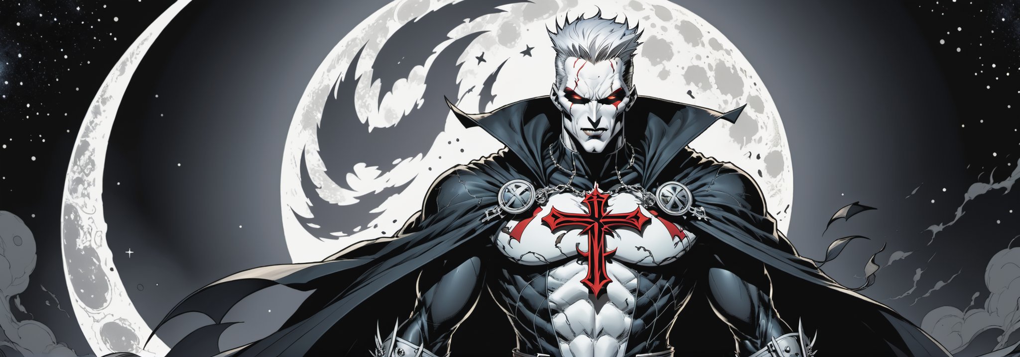 midshot, cel-shading style, centered image, ultra detailed illustration of the comic character ((male Spawn Warrior Catholic priest, by Todd McFarlane)), posing, white  hair,  ((cross around his neck)), charcoal and black white suit with cross emblem, gun belts draped over his shoulders, ((Full Body)), ((perfect hands)), the moon in the background, (tetradic colors), inkpunk, ink lines, strong outlines, art by MSchiffer, bold traces, unframed, high contrast, cel-shaded, vector, 4k resolution, best quality, (chromatic aberration:1.8)