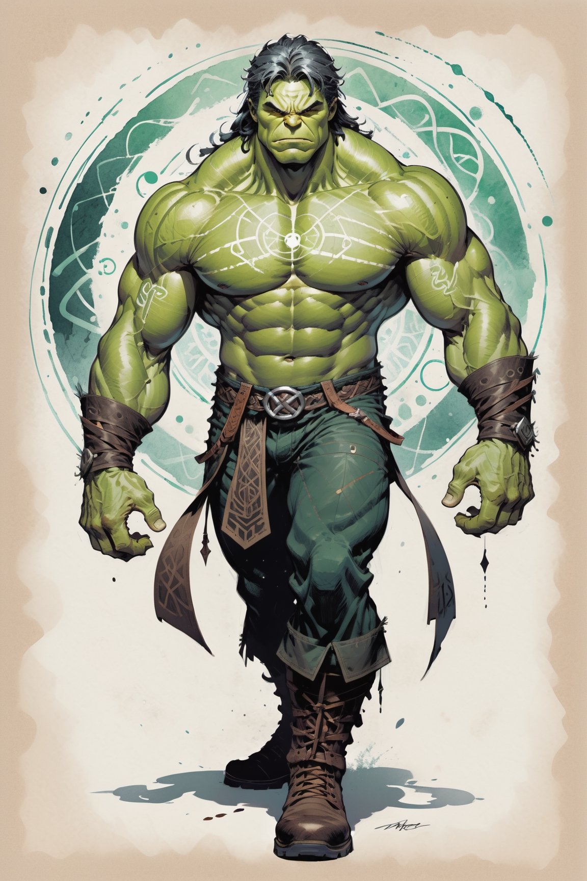 dark, gritty, realistic, mix of bold dark lines and loose lines, bold lines, on paper, turnaround character sheet, a stunningly beautiful (masterpiece, best quality:1.3), (2d:1.3), ink (medium), t-shirt design, White background, Full body, 2D illustration,  ((The Hulk)). bits of color, Sketch book, hand drawn, dark, gritty, realistic sketch, Rough sketch, mix of bold dark lines and loose lines, bold lines, on paper, turnaround character sheet. Close-up of his face, arcane symbols, runes, dark theme, flowing partially braided pale Green hair, handsome, padded leather clothing embroidered with runes, modest, leather rune embroidered boots, (sharp lines), lines of bold ink, strong outlines, bold strokes, high contrast, (professional vector), best quality, flat colors, flat lights, no shadows, low levels, ((geometric shapes)), paint splatters, arcane symbols, runes, dark theme, Perfect composition golden ratio, masterpiece, best quality, 4k, sharp focus. Better hand, perfect anatomy, ((safe for work))