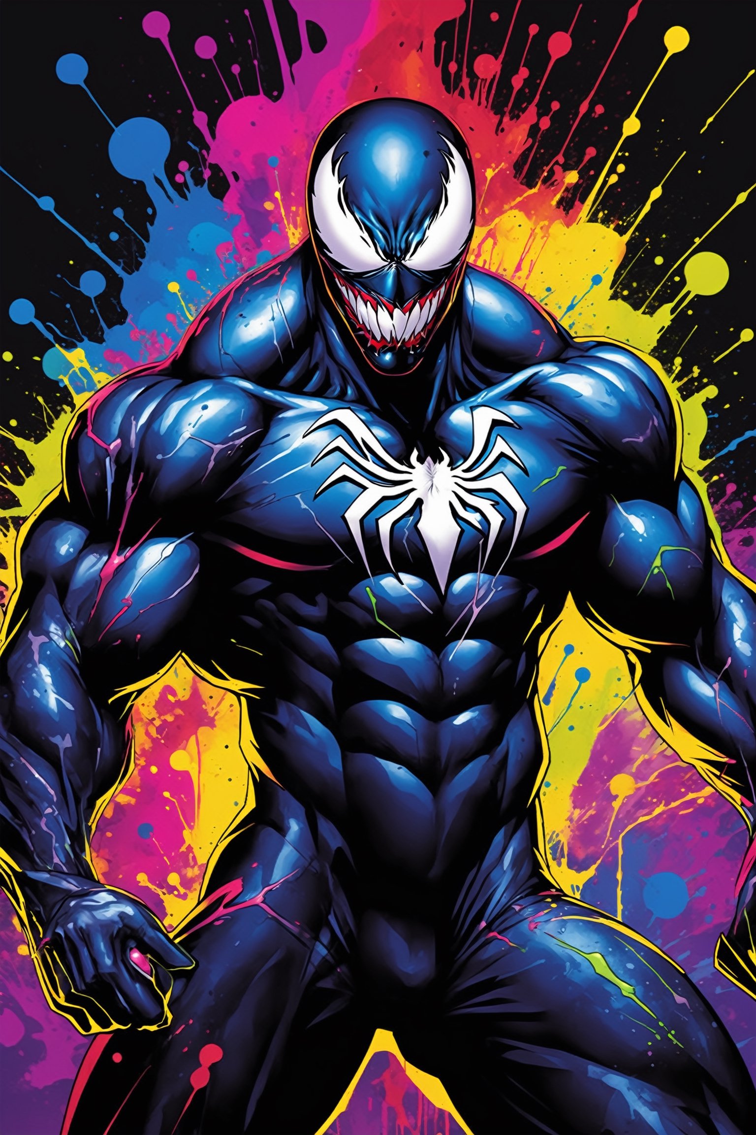 midshot, cel-shading style, centered image, ultra detailed illustration of Venom posing, ((Full Body)), (tetradic colors), ((inkpunk)), ((ink lines)), ink splatter, strong outlines, art by MSchiffer, bold traces, unframed, high contrast, cel-shaded, vector, 4k resolution, best quality, (chromatic aberration:1.8)