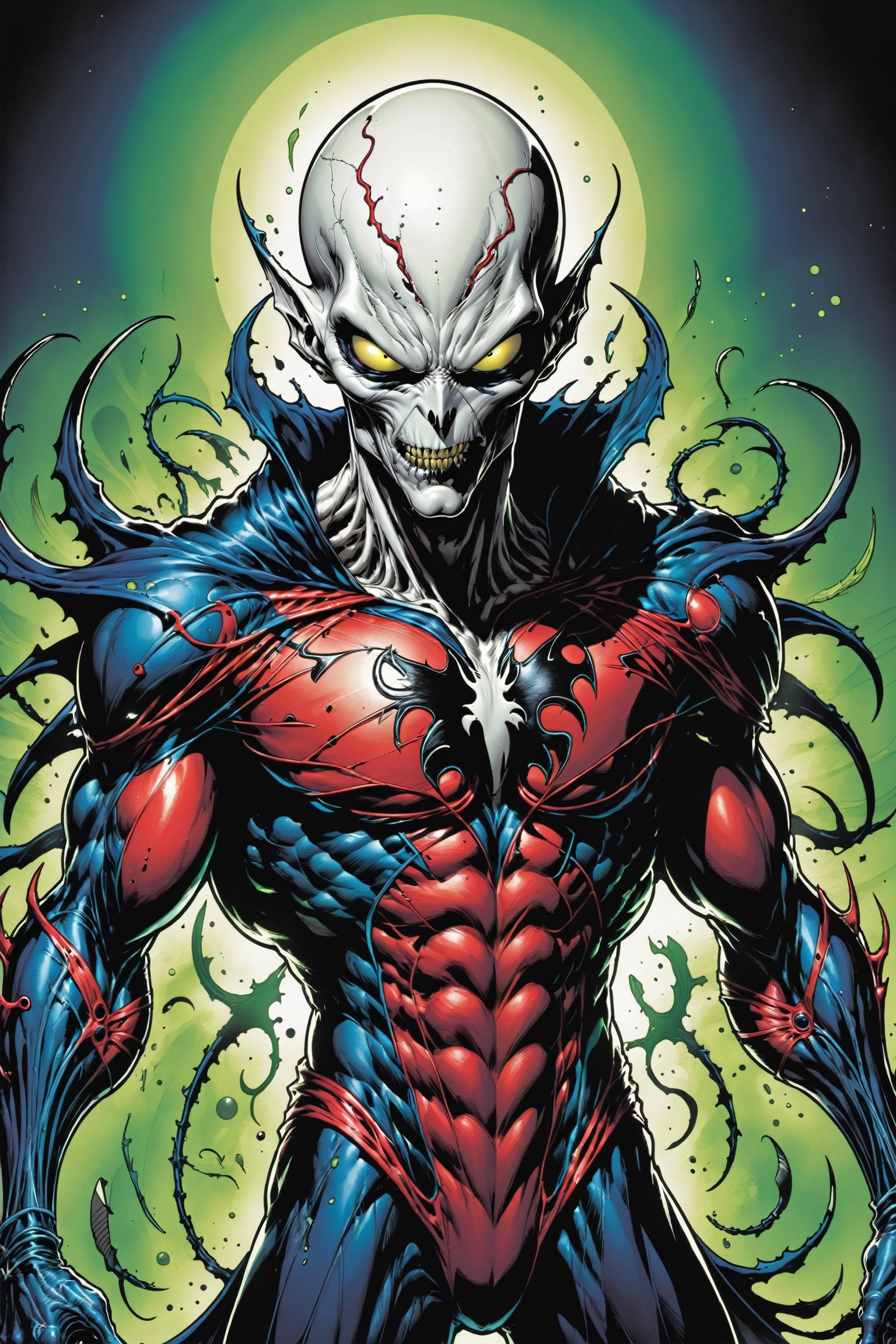 midshot, cel-shading style, centered image, ultra detailed illustration of the comic character ((male Spawn Space Alien, by Todd McFarlane)), posing, ((Half Body)), (tetradic colors), inkpunk, ink lines, strong outlines, art by MSchiffer, bold traces, unframed, high contrast, cel-shaded, vector, 4k resolution, best quality, (chromatic aberration:1.8)