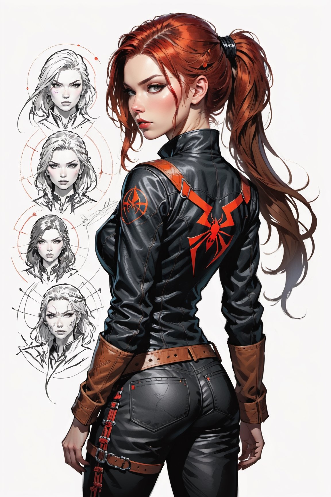 dark, gritty, realistic, mix of bold dark lines and loose lines, bold lines, on paper, turnaround character sheet, a stunningly beautiful (masterpiece, best quality:1.3), (2d:1.3), ink (medium), t-shirt design, White background, Full body, 2D illustration,  (((Black Widow))). bits of color, Sketch book, hand drawn, dark, gritty, realistic sketch, Rough sketch, mix of bold dark lines and loose lines, bold lines, on black paper, turnaround character sheet. Half body, (((View from behind))), ((she is looking over her shoulder)), arcane symbols, runes, dark theme, flowing partially braided red hair, large long ponytail, handsome, padded leather clothing, ((black leather pants)), button down shirt, ((leather jacket)), embroidered with runes, modest, leather rune embroidered boots, (sharp lines), lines of bold ink, strong outlines, bold strokes, high contrast, (professional vector), best quality, flat colors, flat lights, no shadows, low levels, ((geometric shapes)), paint splatters, arcane symbols, runes, dark theme, Perfect composition golden ratio, masterpiece, best quality, 4k, sharp focus. Better hand, perfect anatomy, ((safe for work))