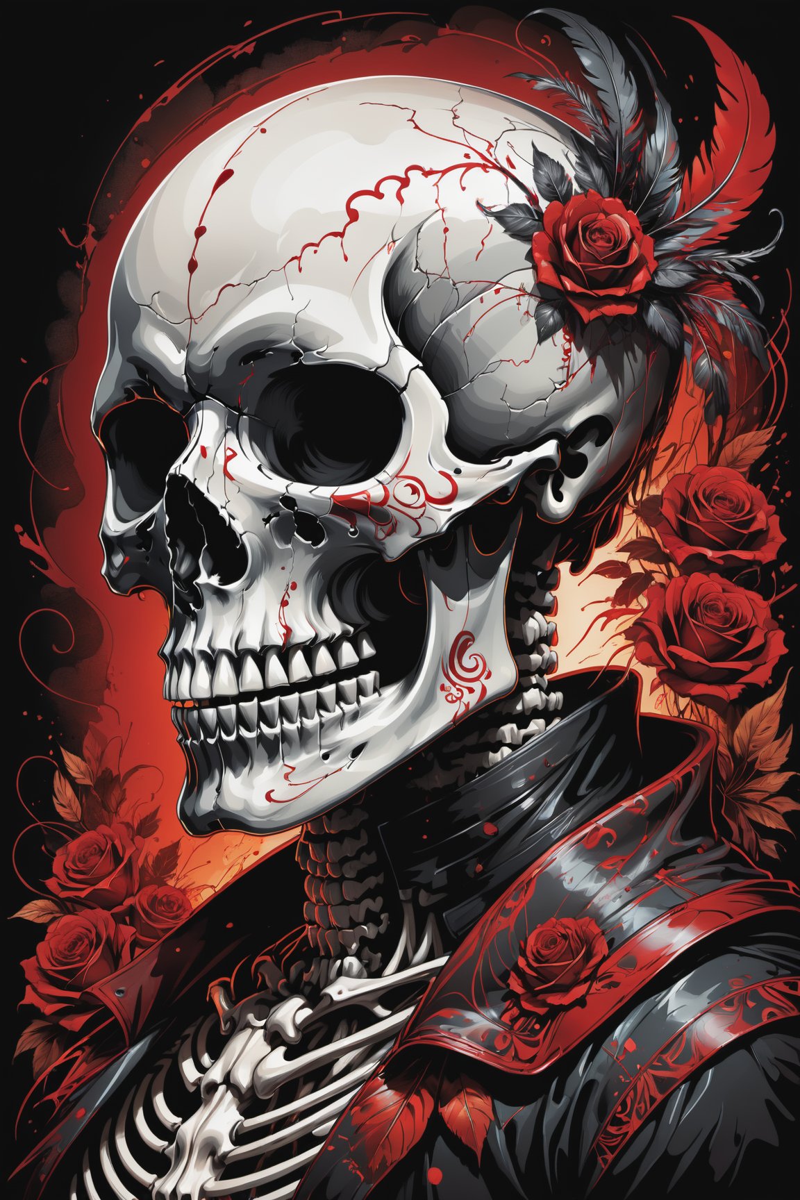 cel-shading style, centered image, ultra detailed illustration of the comic character (( a Very detailed illustration of a ((best quality)), ((masterpiece)), (detailed), mesmerizing, the skull, day of the dead art by linyu hong, in the style of dark white and red, graffiti art, realistic hyper-detail, intricate composition, monumental murals, silver and red, contemporary chicano(masterpiece, best quality, ultra-detailed) , unsettling atmosphere, high key lighting , vector Black, red, , staGlenn Brown, Carne Griffiths, Alex Ross, artgerm and james jean bangs, by Todd McFarlane)),  (((perfect hands))), (((dark Moody candlelight in the background))), accent of rust, (tetradic colors), inkpunk, ink lines, strong outlines, art by MSchiffer, bold traces, unframed, high contrast, cel-shaded, vector, 4k resolution,