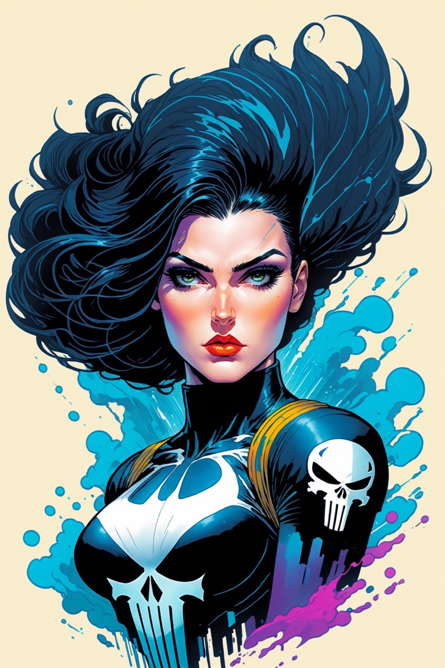 midshot, cel-shading style, centered image, ultra detailed illustration of the comic character, a female Punisher, posing, flowing Maine of black hair, ((Full Body)), (tetradic colors), inkpunk, ink lines, strong outlines, art by MSchiffer, bold traces, unframed, high contrast, cel-shaded, vector, 4k resolution, best quality, (chromatic aberration:1.8)