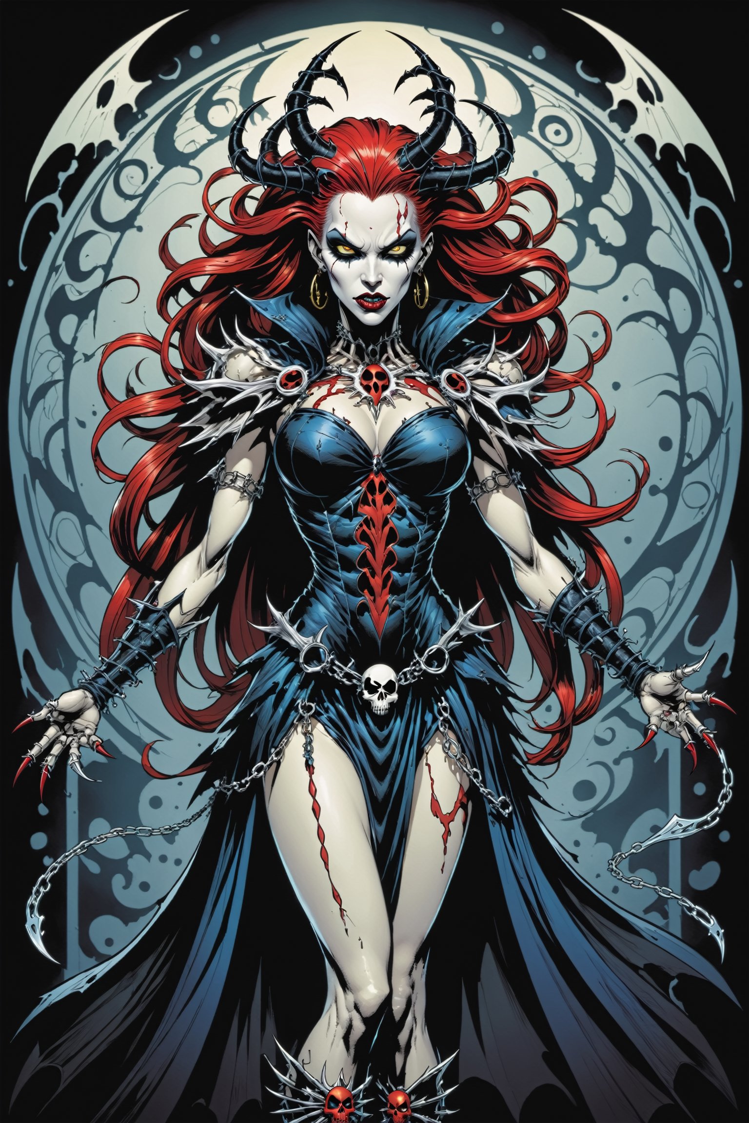 midshot, cel-shading style, centered image, ultra detailed illustration of the comic character ((female Spawn Queen of the Damned by Todd McFarlane)), posing, Black, dress with a skull emblem, ((Full Body)), (tetradic colors), inkpunk, ink lines, strong outlines, art by MSchiffer, bold traces, unframed, high contrast, cel-shaded, vector, 4k resolution, best quality, (chromatic aberration:1.8)