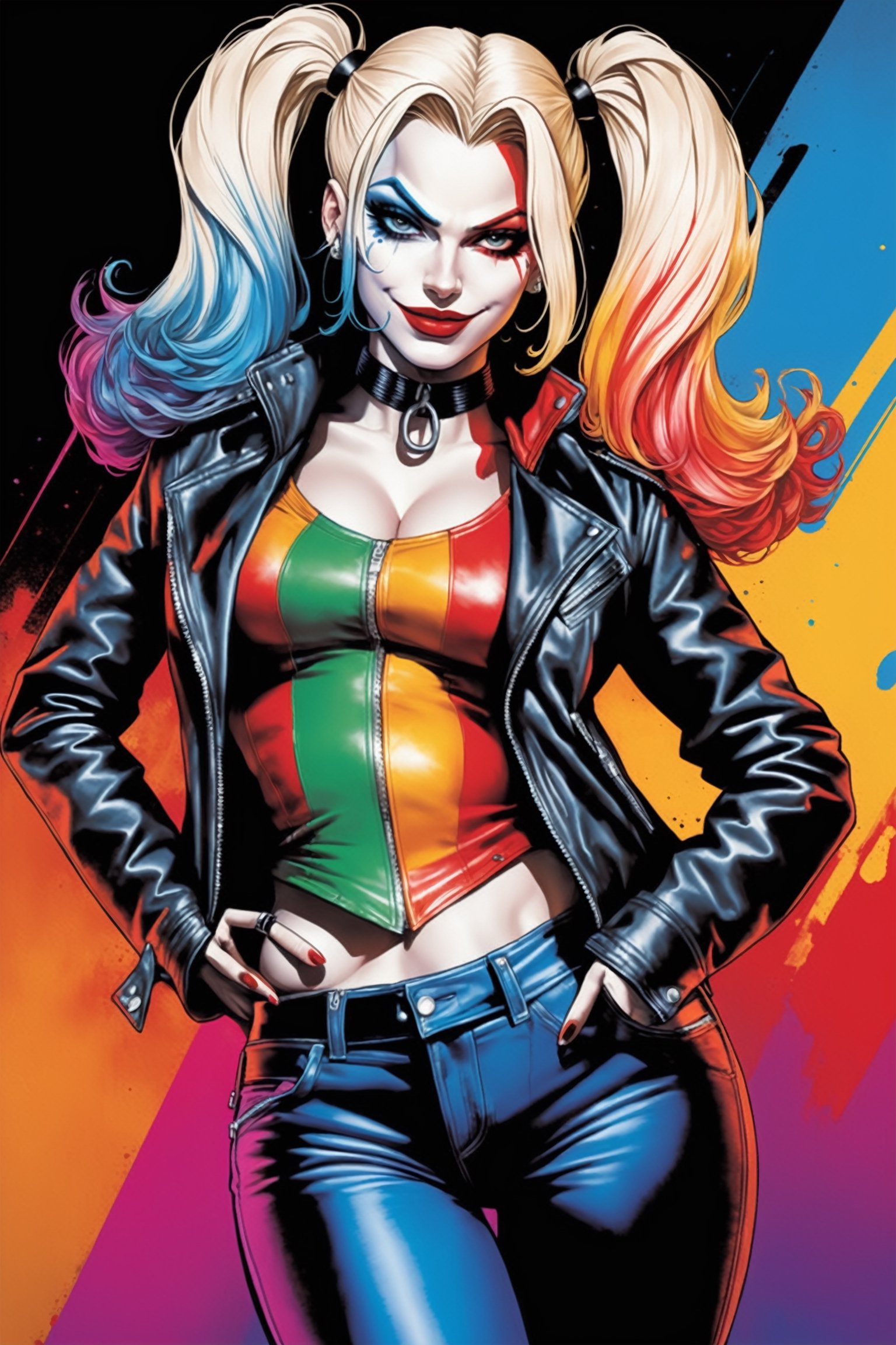 midshot, cel-shading style, centered image, ultra detailed illustration of Harley Quinn, posing, ((Full Body)), wearing leather pants, leather jacket, (tetradic colors), inkpunk, ink lines, strong outlines, art by MSchiffer, bold traces, unframed, high contrast, cel-shaded, vector, 4k resolution, best quality, (chromatic aberration:1.8)