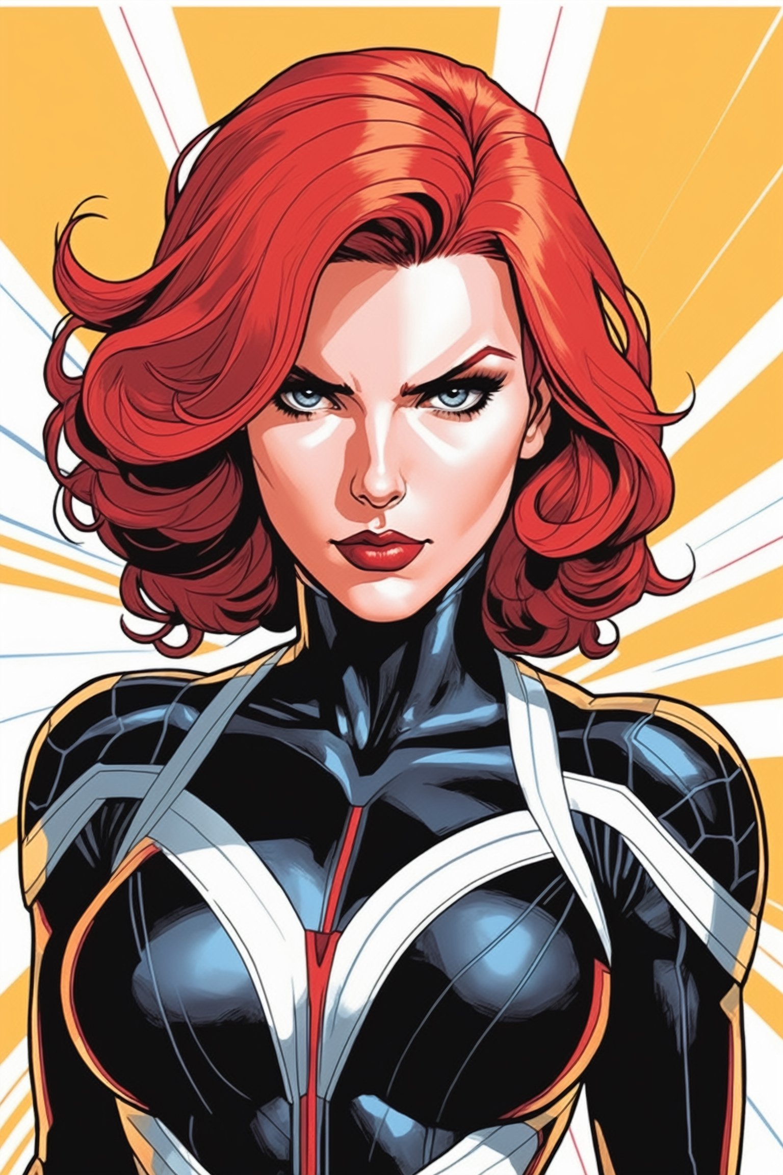 midshot, cel-shading style, centered image, ultra detailed illustration of Black widow, the comic character, posing, (tetradic colors), inkpunk, ink lines, strong outlines, art by MSchiffer, bold traces, unframed, high contrast, cel-shaded, vector, 4k resolution, best quality, (chromatic aberration:1.8)