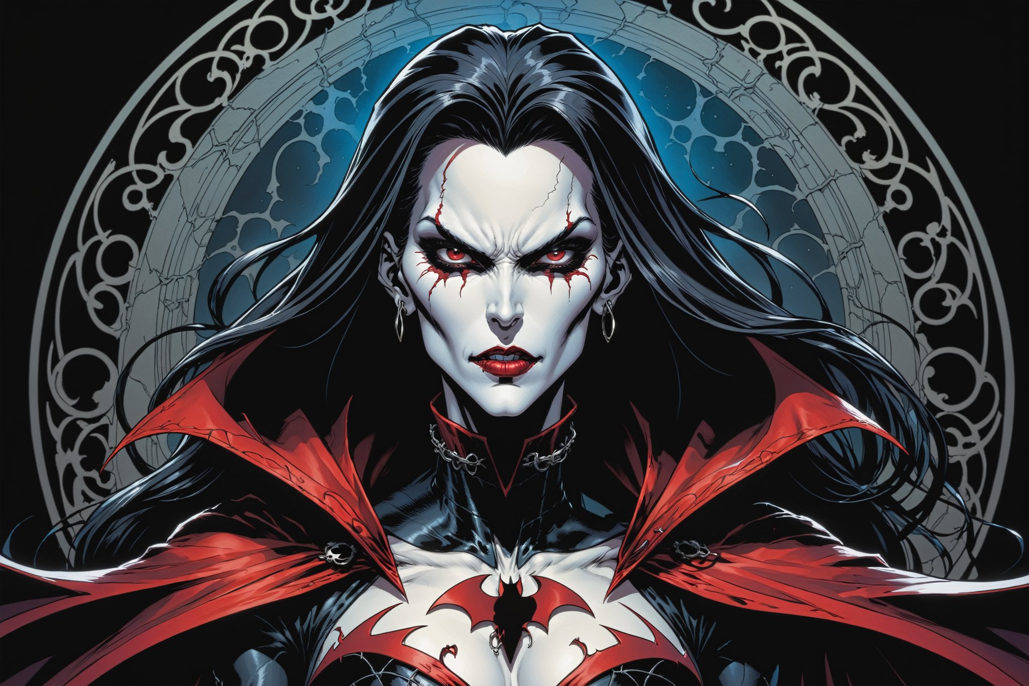 midshot, cel-shading style, centered image, ultra detailed illustration of the comic character ((female Spawn Dracula, by Todd McFarlane)), posing, she has long black hair, black suit with a skull emblem, long flowing cape, ((Half Body)), (tetradic colors), inkpunk, ink lines, strong outlines, art by MSchiffer, bold traces, unframed, high contrast, cel-shaded, vector, 4k resolution, best quality, (chromatic aberration:1.8)