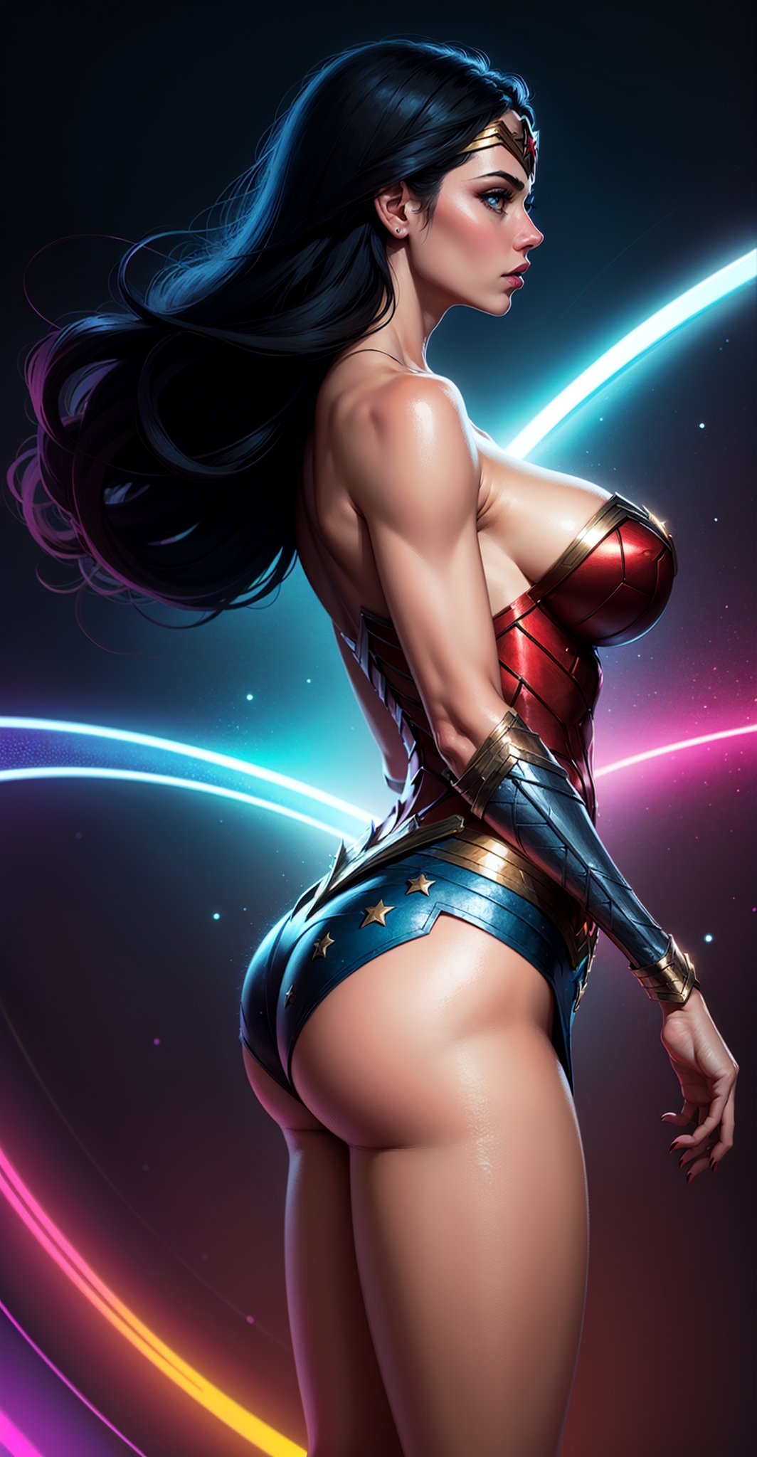 Wonder Woman (big tits),(( side view,)),masterpiece, best quality, ((abstract, psychedelic, neon, background)),(creative:1.3), sy3, SMM, fantasy00d