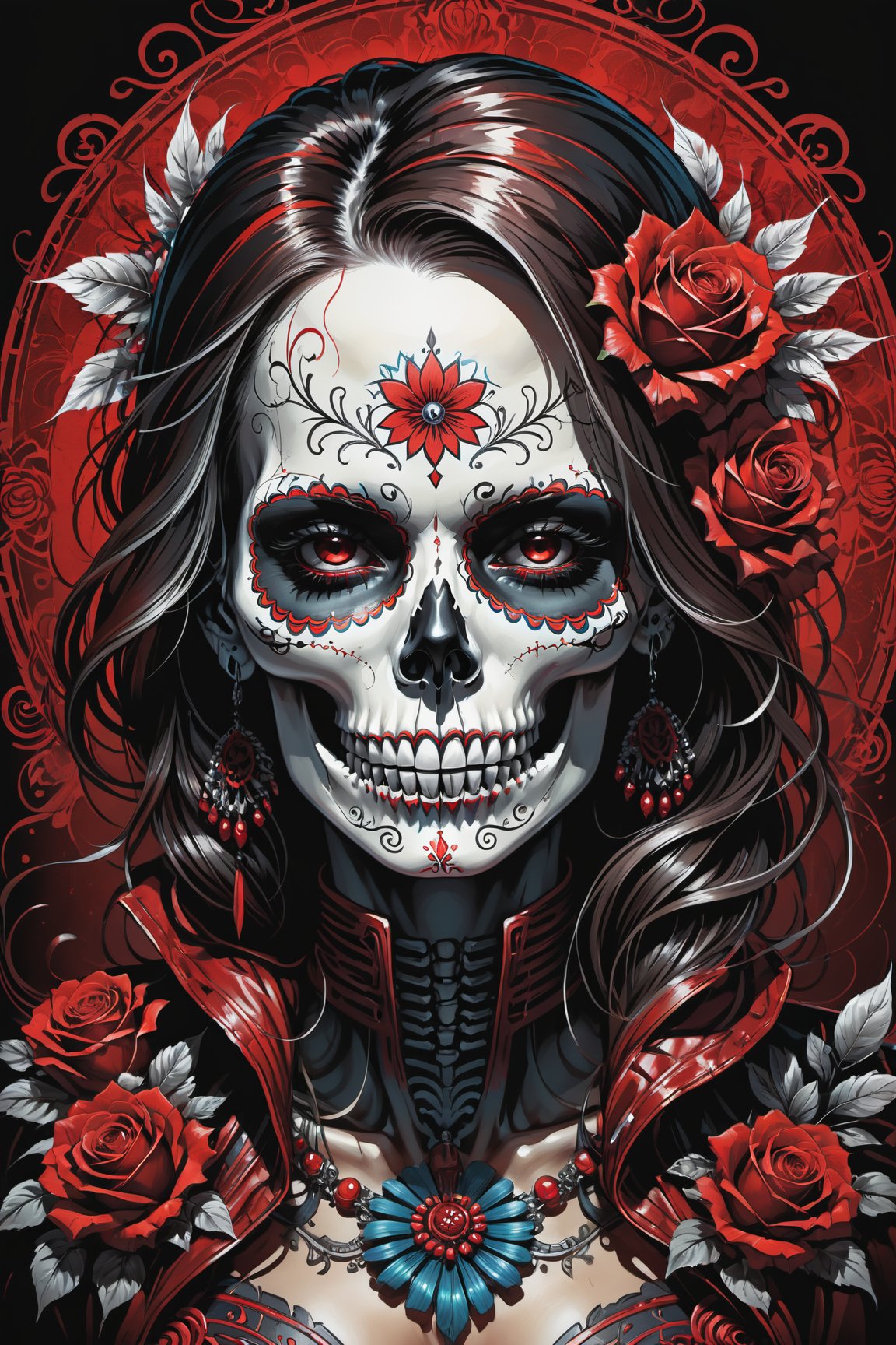 cel-shading style, centered image, ultra detailed illustration of the comic character (( a Very detailed illustration of a ((best quality)), ((masterpiece)), (detailed), mesmerizing, the skull, day of the dead art by linyu hong, in the style of dark white and red, graffiti art, realistic hyper-detail, intricate composition, monumental murals, silver and red, contemporary chicano(masterpiece, best quality, ultra-detailed) , unsettling atmosphere, high key lighting , vector Black, red, , staGlenn Brown, Carne Griffiths, Alex Ross, artgerm and james jean bangs, by Todd McFarlane)),  (((perfect hands))), (((dark Moody candlelight in the background))), accent of rust, (tetradic colors), inkpunk, ink lines, strong outlines, art by MSchiffer, bold traces, unframed, high contrast, cel-shaded, vector, 4k resolution,