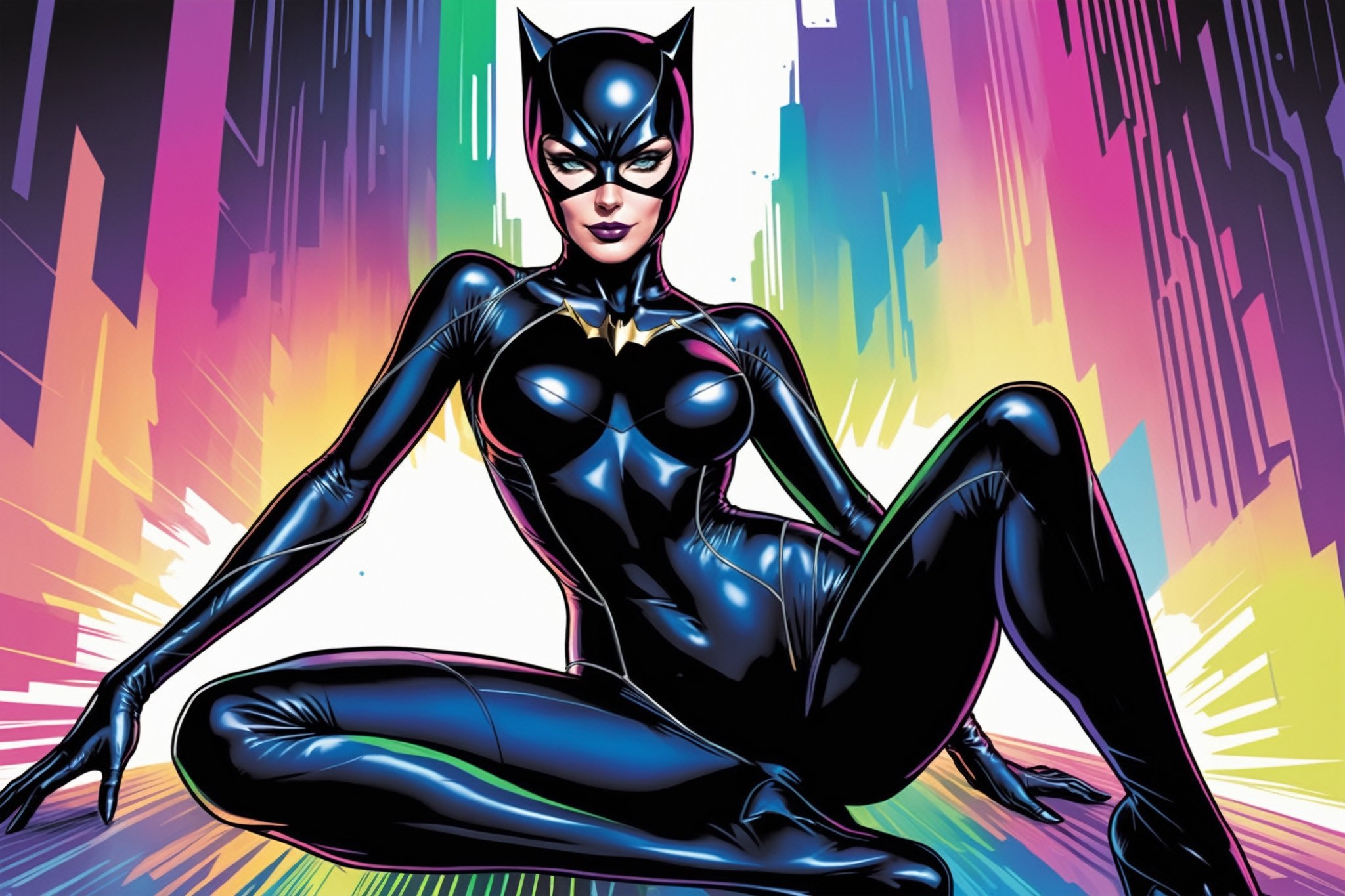 midshot, cel-shading style, centered image, ultra detailed illustration of Catwoman, posing, ((Full Body)), wearing one piece, black bodysuit, (tetradic colors), inkpunk, ink lines, strong outlines, art by MSchiffer, bold traces, unframed, high contrast, cel-shaded, vector, 4k resolution, best quality, (chromatic aberration:1.8)