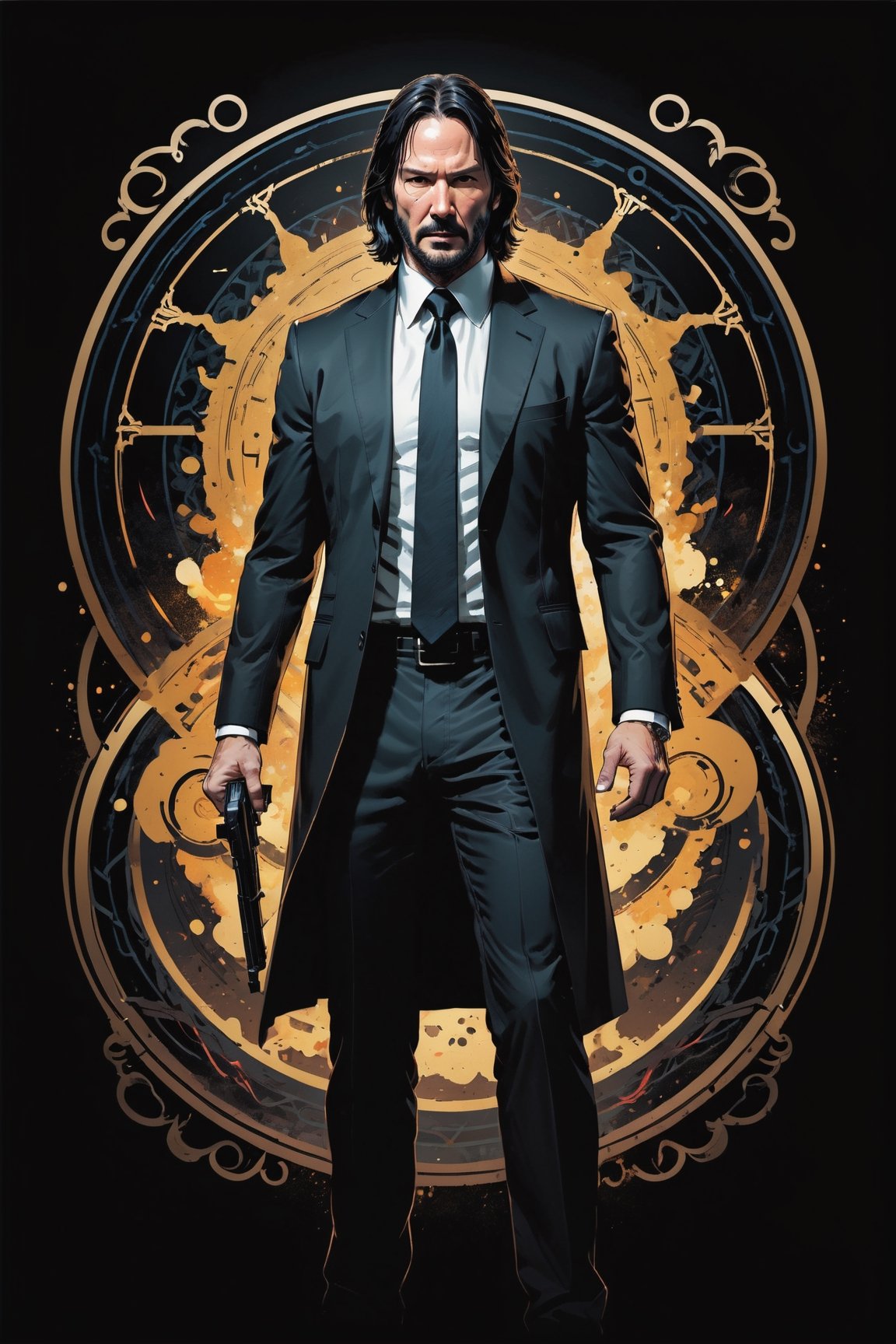 dark, gritty, realistic, mix of bold dark lines and loose lines, bold lines, on paper, turnaround character sheet, a stunningly beautiful (masterpiece, best quality:1.3), (2d:1.3), ink (medium), t-shirt design, black background, Full body, 2D illustration, John Wick, black color, (sharp lines), lines of bold ink, strong outlines, bold strokes, high contrast, (professional vector), best quality, flat colors, flat lights, no shadows, low levels, (gunpowder explosions), arcane symbols, runes, dark theme, Perfect composition golden ratio, masterpiece, best quality, 4k, sharp focus. Better hand, perfect anatomy, ((safe for work))