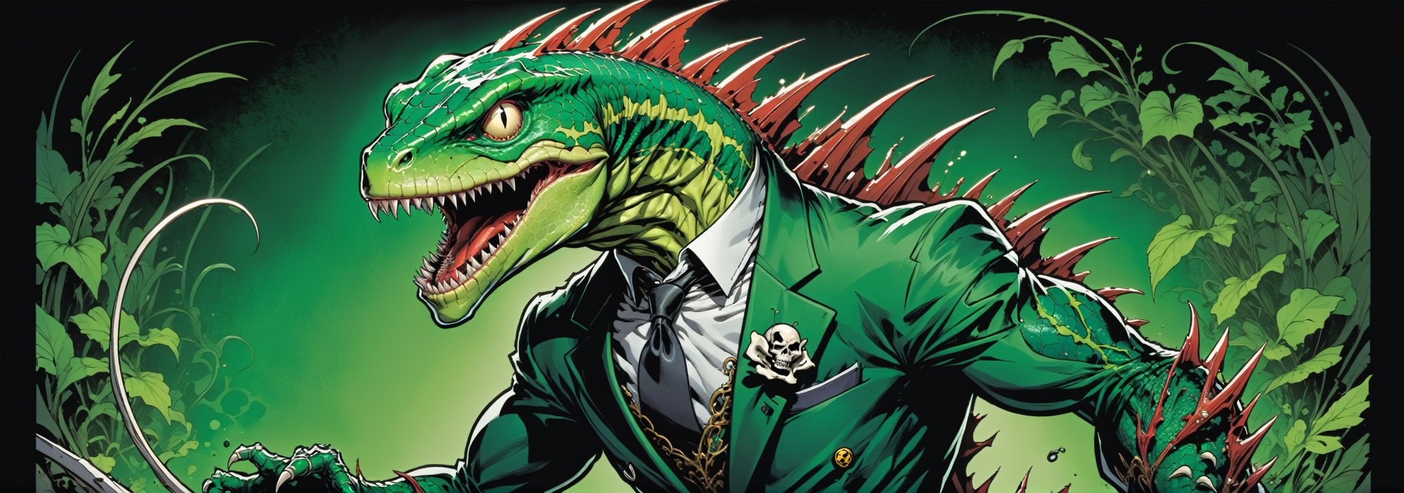 midshot, cel-shading style, centered image, ultra detailed illustration of the comic character ((lizard Spawn by Todd McFarlane)), posing, green, light green, brown, and black suit with a skull emblem, ((Full Body)) ,ornate background, (tetradic colors), inkpunk, ink lines, strong outlines, art by MSchiffer, bold traces, unframed, high contrast, cel-shaded, vector, 4k resolution, best quality, (chromatic aberration:1.8)