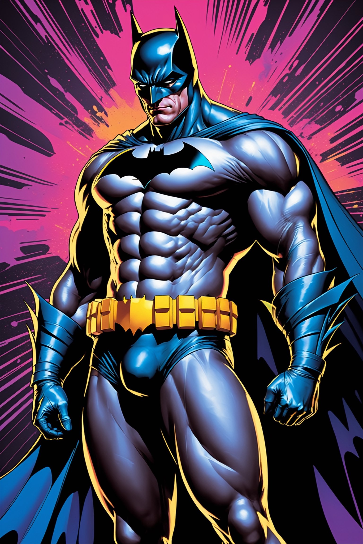 midshot, cel-shading style, centered image, ultra detailed illustration of Batman, posing, ((Full Body)), (tetradic colors), inkpunk, ink lines, strong outlines, art by MSchiffer, bold traces, unframed, high contrast, cel-shaded, vector, 4k resolution, best quality, (chromatic aberration:1.8)