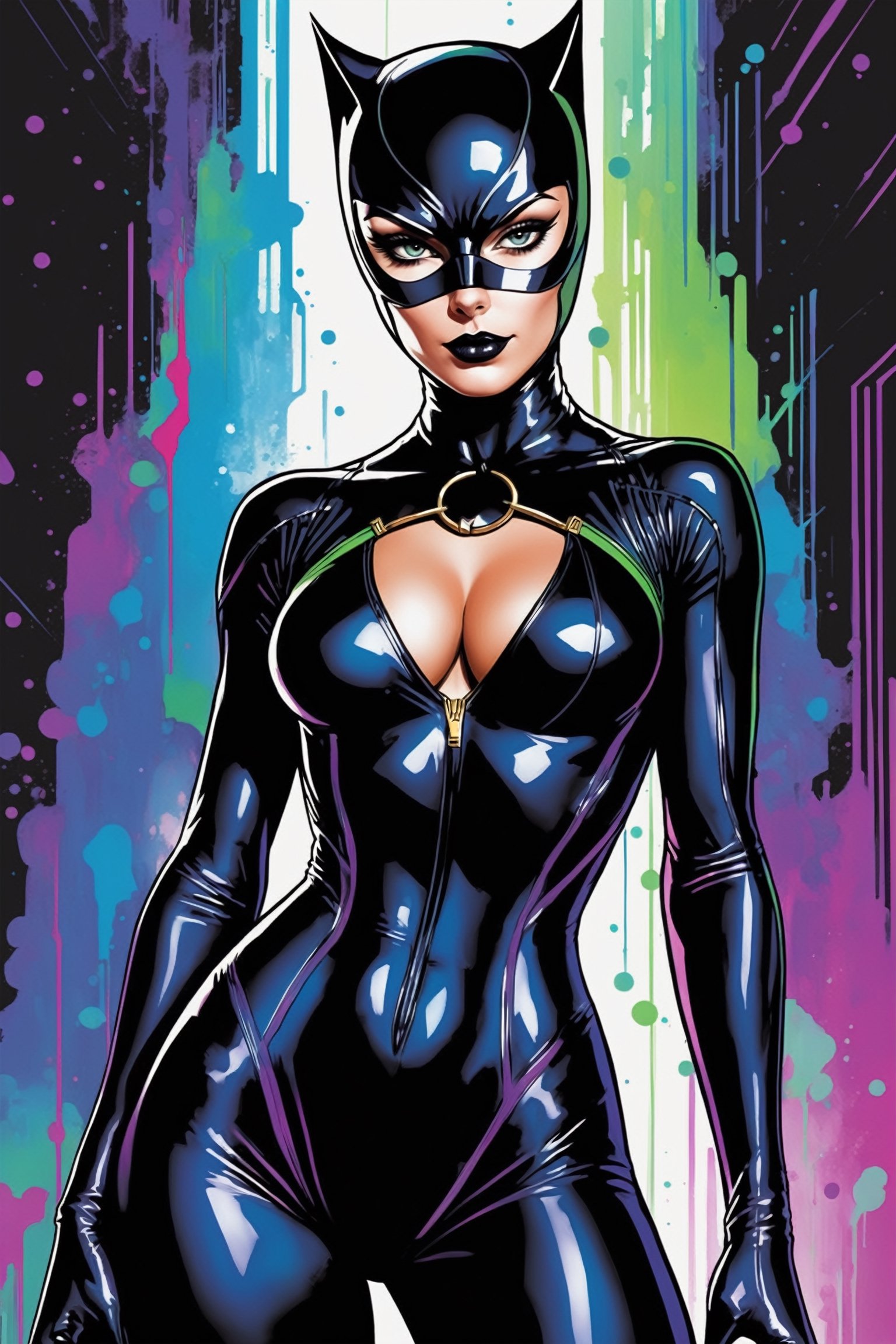 midshot, cel-shading style, centered image, ultra detailed illustration of Catwoman, posing, ((Full Body)), wearing one piece, black bodysuit, (tetradic colors), inkpunk, ink lines, strong outlines, art by MSchiffer, bold traces, unframed, high contrast, cel-shaded, vector, 4k resolution, best quality, (chromatic aberration:1.8)