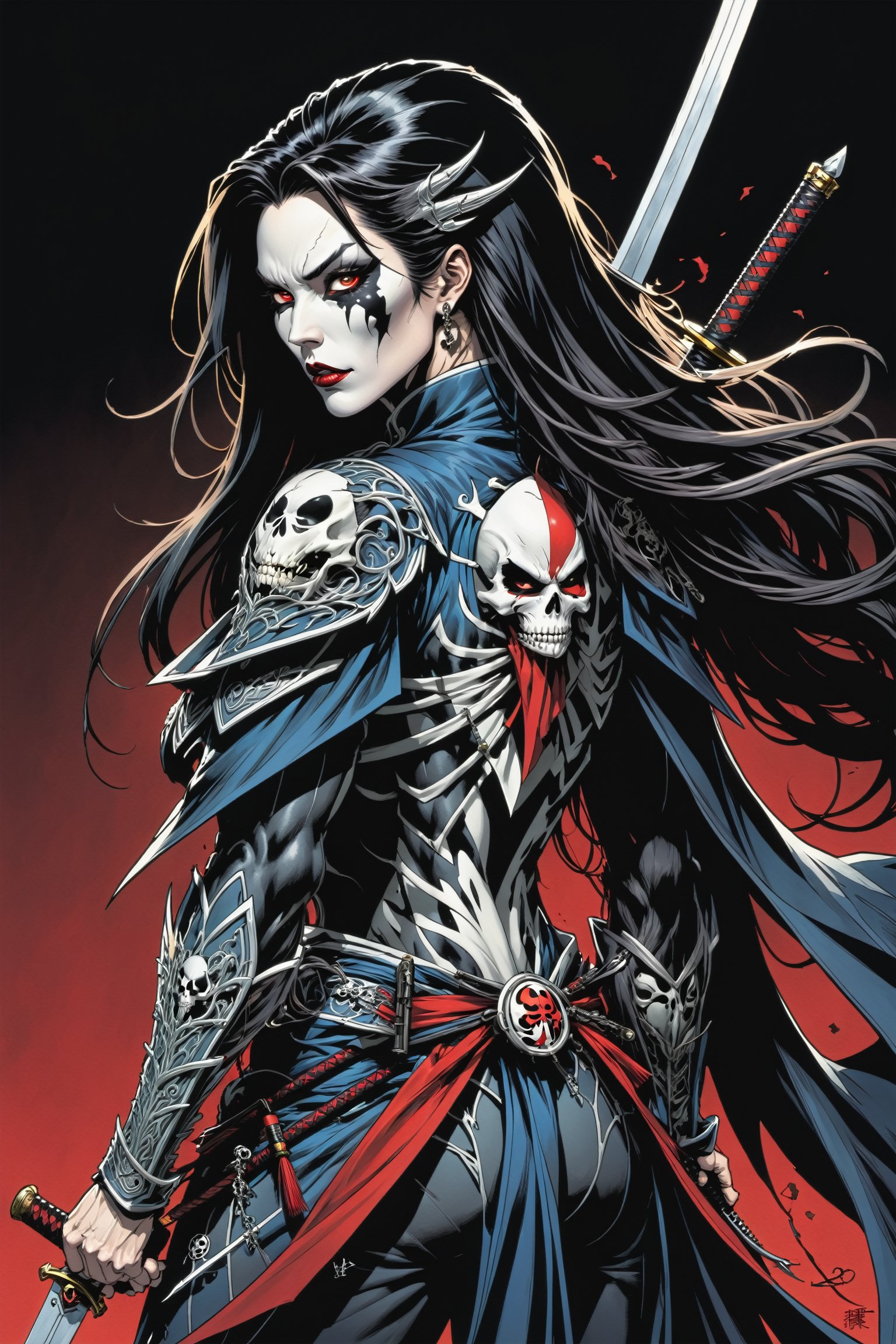 midshot, cel-shading style, centered image, ultra detailed illustration of the comic character ((female Spawn Samurai lady, by Todd McFarlane)), posing, long black long hair, silver and black suit with a skull emblem, long flowing cape,  holding samurai sword, ((view from Behind she’s looking over her shoulder)), ((Full Body)), (tetradic colors), inkpunk, ink lines, strong outlines, art by MSchiffer, bold traces, unframed, high contrast, cel-shaded, vector, 4k resolution, best quality, (chromatic aberration:1.8)