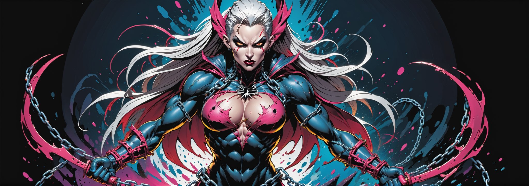 midshot, cel-shading style, centered image, ultra detailed illustration of the comic character ((female Spawn warrior woman, by Todd McFarlane)), posing, extremely muscular overly muscular large breast extremely extremely muscular, black, neon pink, suit with a belt with a skull on it, long White hair in a tall, single ponytail, (((crouching down on the ground action pose))),  ((Full Body)),((holding chains in her hand)), splatters of paint in the background glowing neon, perfect hands, (tetradic colors), inkpunk, ink lines, strong outlines, art by MSchiffer, bold traces, unframed, high contrast, cel-shaded, vector, 4k resolution, best quality, (chromatic aberration:1.8)