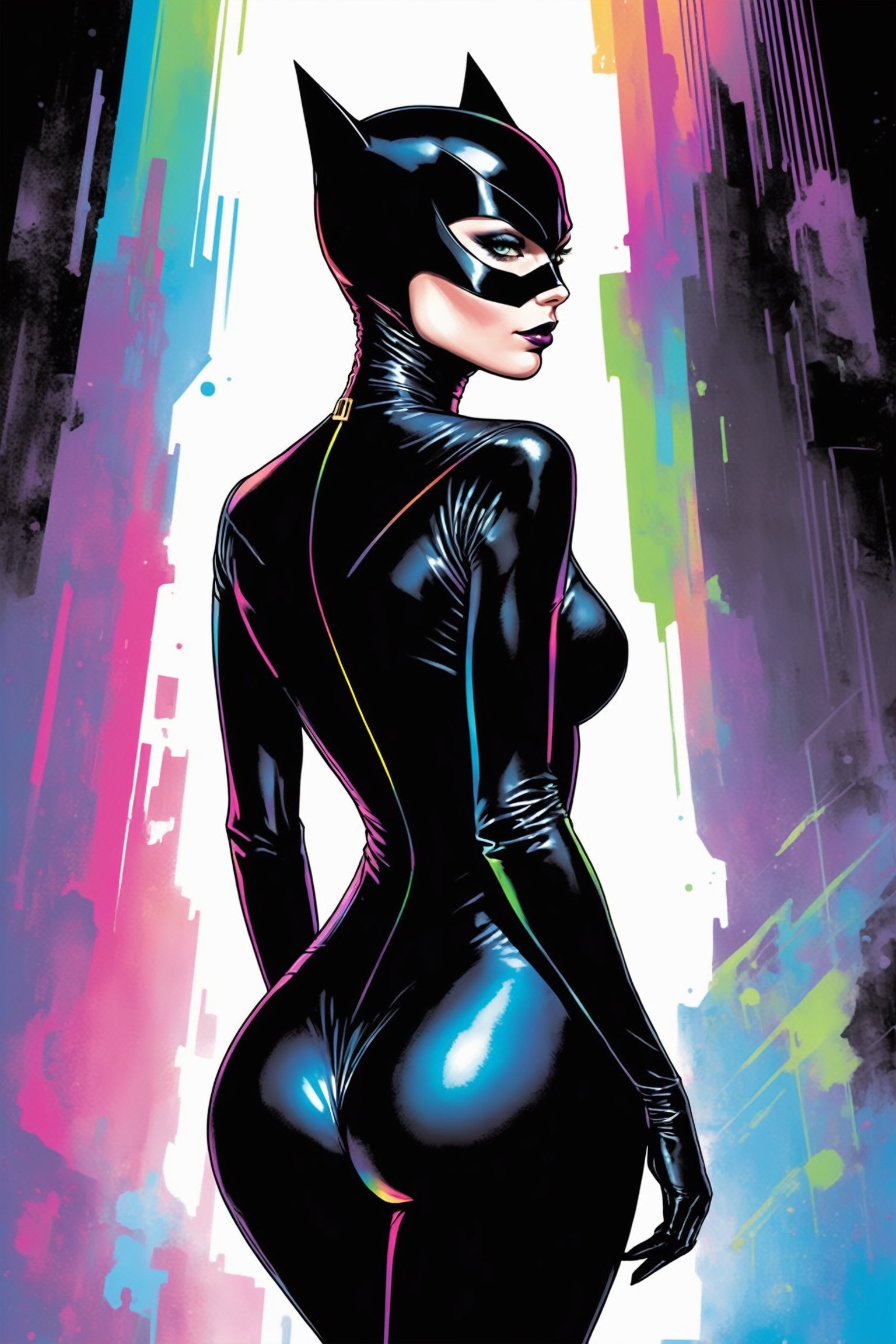 midshot, cel-shading style, centered image, ultra detailed illustration of Catwoman, posing, ((View from behind)), ((Full Body)), wearing one piece, black bodysuit, (tetradic colors), inkpunk, ink lines, strong outlines, art by MSchiffer, bold traces, unframed, high contrast, cel-shaded, vector, 4k resolution, best quality, (chromatic aberration:1.8)