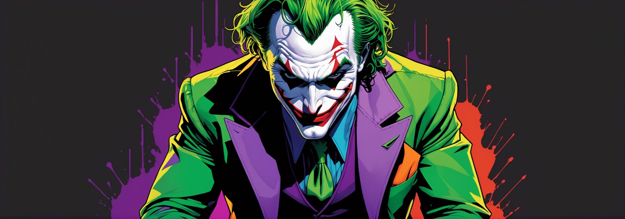 midshot, cel-shading style, centered image, ultra detailed illustration of The Joker, posing, ((Full Body)), (tetradic colors), ((inkpunk)), ((ink lines)), strong outlines, art by MSchiffer, bold traces, unframed, high contrast, cel-shaded, 4k resolution, best quality, (chromatic aberration:1.8)