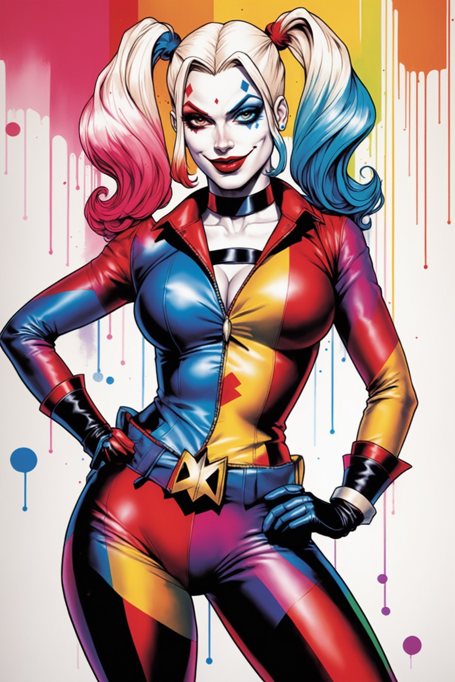 midshot, cel-shading style, centered image, ultra detailed illustration of Harley Quinn, posing, ((Full Body)), (tetradic colors), inkpunk, ink lines, strong outlines, art by MSchiffer, bold traces, unframed, high contrast, cel-shaded, vector, 4k resolution, best quality, (chromatic aberration:1.8)