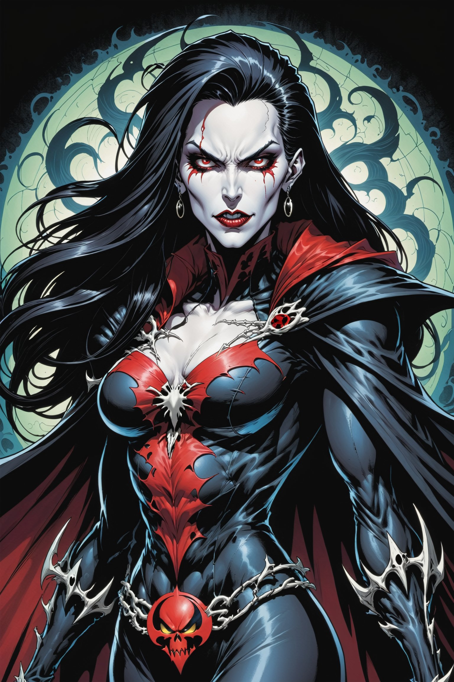 midshot, cel-shading style, centered image, ultra detailed illustration of the comic character ((female Spawn Dracula, by Todd McFarlane)), posing, she has long black hair, black suit with a skull emblem, long flowing cape, ((Half Body)), (tetradic colors), inkpunk, ink lines, strong outlines, art by MSchiffer, bold traces, unframed, high contrast, cel-shaded, vector, 4k resolution, best quality, (chromatic aberration:1.8)