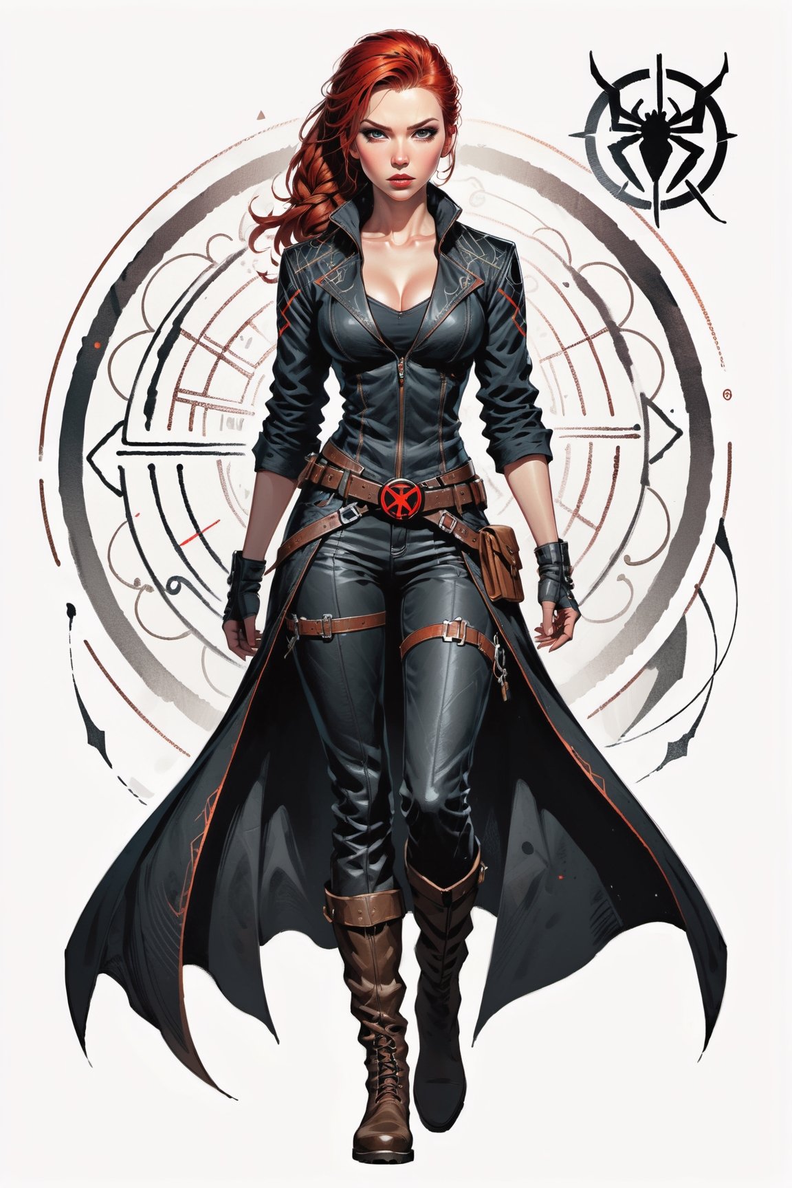 dark, gritty, realistic, mix of bold dark lines and loose lines, bold lines, on paper, turnaround character sheet, a stunningly beautiful (masterpiece, best quality:1.3), (2d:1.3), ink (medium), t-shirt design, White background, Full body, 2D illustration,  (((Black Widow))). bits of color, Sketch book, hand drawn, dark, gritty, realistic sketch, Rough sketch, mix of bold dark lines and loose lines, bold lines, on black paper, turnaround character sheet. Half body, arcane symbols, runes, dark theme, flowing partially braided red hair, large long ponytail, handsome, padded leather clothing, ((black leather pants)), button down shirt, ((leather jacket)), embroidered with runes, modest, leather rune embroidered boots, (sharp lines), lines of bold ink, strong outlines, bold strokes, high contrast, (professional vector), best quality, flat colors, flat lights, no shadows, low levels, ((geometric shapes)), paint splatters, arcane symbols, runes, dark theme, Perfect composition golden ratio, masterpiece, best quality, 4k, sharp focus. Better hand, perfect anatomy, ((safe for work))