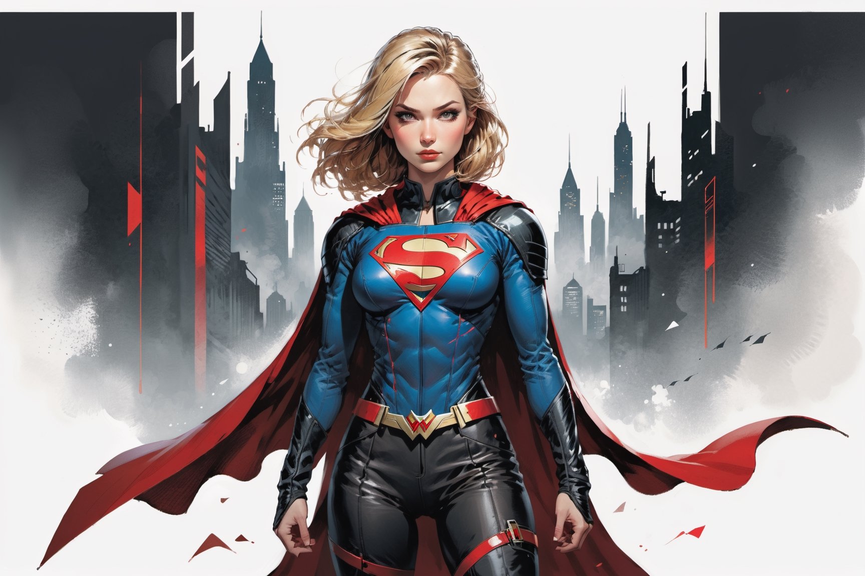 dark, gritty, realistic, mix of bold dark lines and loose lines, bold lines, on paper, turnaround character sheet, a stunningly beautiful (masterpiece, best quality:1.3), (2d:1.3), ink (medium), t-shirt design, White background, ((Half body)),portrait, supergirl, long red cape, outer_space, space hair, levitating, sky, zero gravity, above city, (((View from behind, she is looking over her shoulder))), depth_of_field bits of color, Sketch book, hand drawn, dark, gritty, realistic sketch, Rough sketch, mix of bold dark lines and loose lines, bold lines, Black paper, turnaround character sheet, arcane symbols, runes, dark theme, flowing partially blonde hair, handsome, ((all black padded leather clothing with red accents)), embroidered with runes, modest, black leather pants,  leather rune embroidered boots, (sharp lines), lines of bold ink, strong outlines, bold strokes, high contrast, (professional vector), best quality, flat colors, flat lights, no shadows, low levels, ((geometric shapes)), paint splatters, ((arcane symbols)), runes, dark theme, Perfect composition golden ratio, masterpiece, best quality, 4k, sharp focus. Better hand, perfect anatomy, ((safe for work))