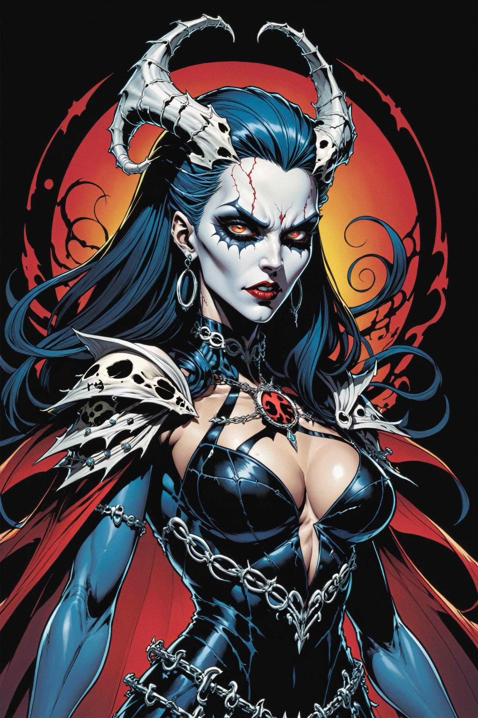 midshot, cel-shading style, centered image, ultra detailed illustration of the comic character ((female Spawn Queen of the Damned by Todd McFarlane)), posing, Black, dress with a skull emblem, ((half Body)), ((View from behind)), (tetradic colors), inkpunk, ink lines, strong outlines, art by MSchiffer, bold traces, unframed, high contrast, cel-shaded, vector, 4k resolution, best quality, (chromatic aberration:1.8)