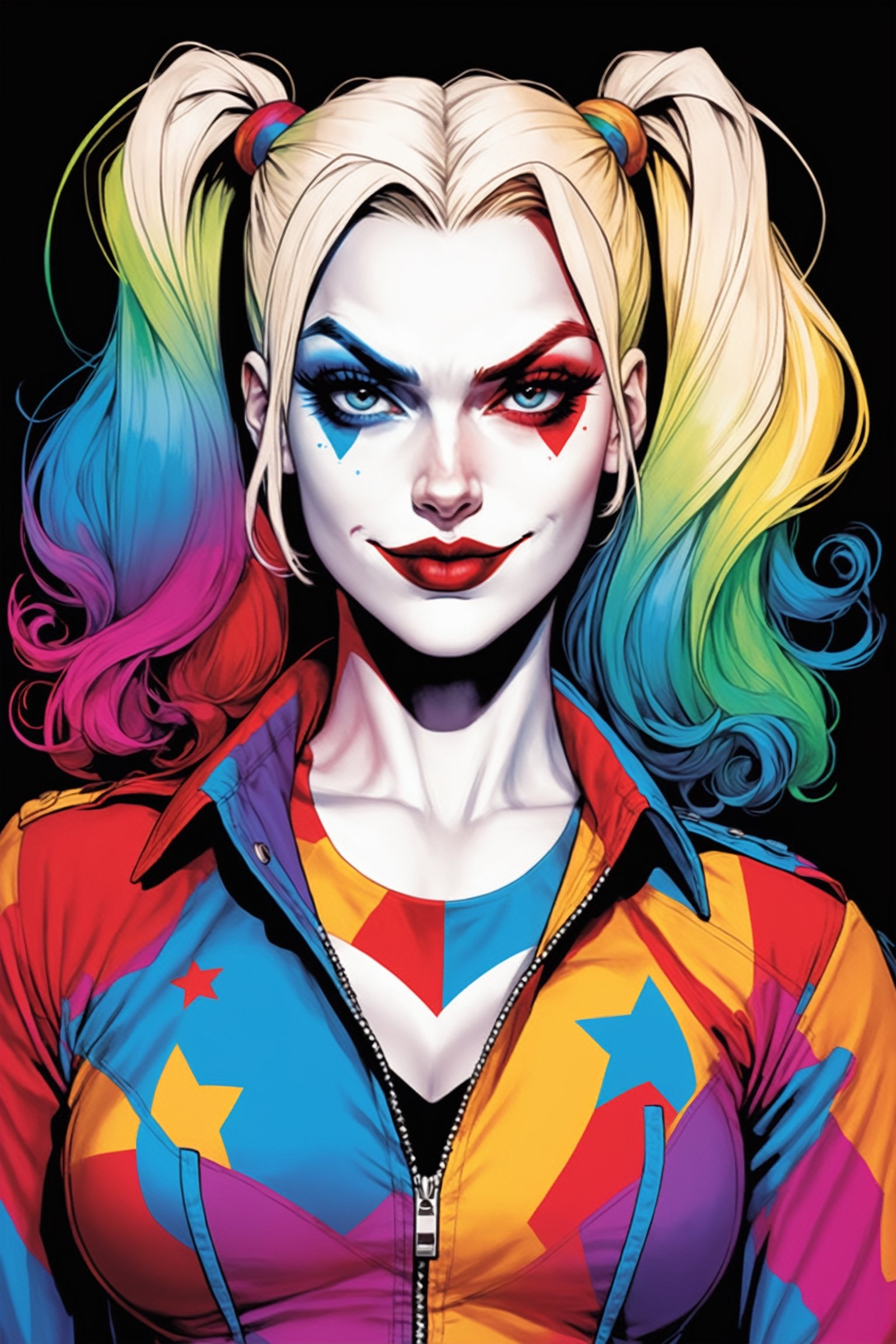 midshot, cel-shading style, centered image, ultra detailed illustration of Harley Quinn, posing, ((Full Body)), (tetradic colors), inkpunk, ink lines, strong outlines, art by MSchiffer, bold traces, unframed, high contrast, cel-shaded, vector, 32k resolution, best quality, (chromatic aberration:1.8)