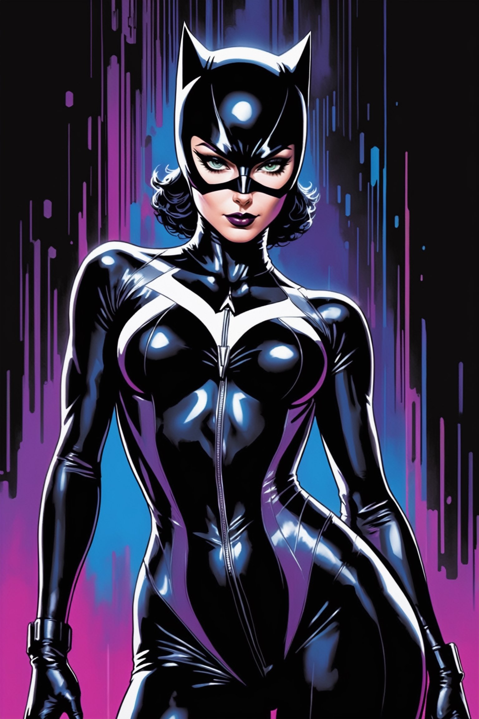 midshot, cel-shading style, centered image, ultra detailed illustration of Catwoman, posing, ((Full Body)), wearing one piece, black bodysuit, (tetradic colors), inkpunk, ink lines, strong outlines, art by MSchiffer, bold traces, unframed, high contrast, cel-shaded, vector, 4k resolution, best quality, (chromatic aberration:1.8)