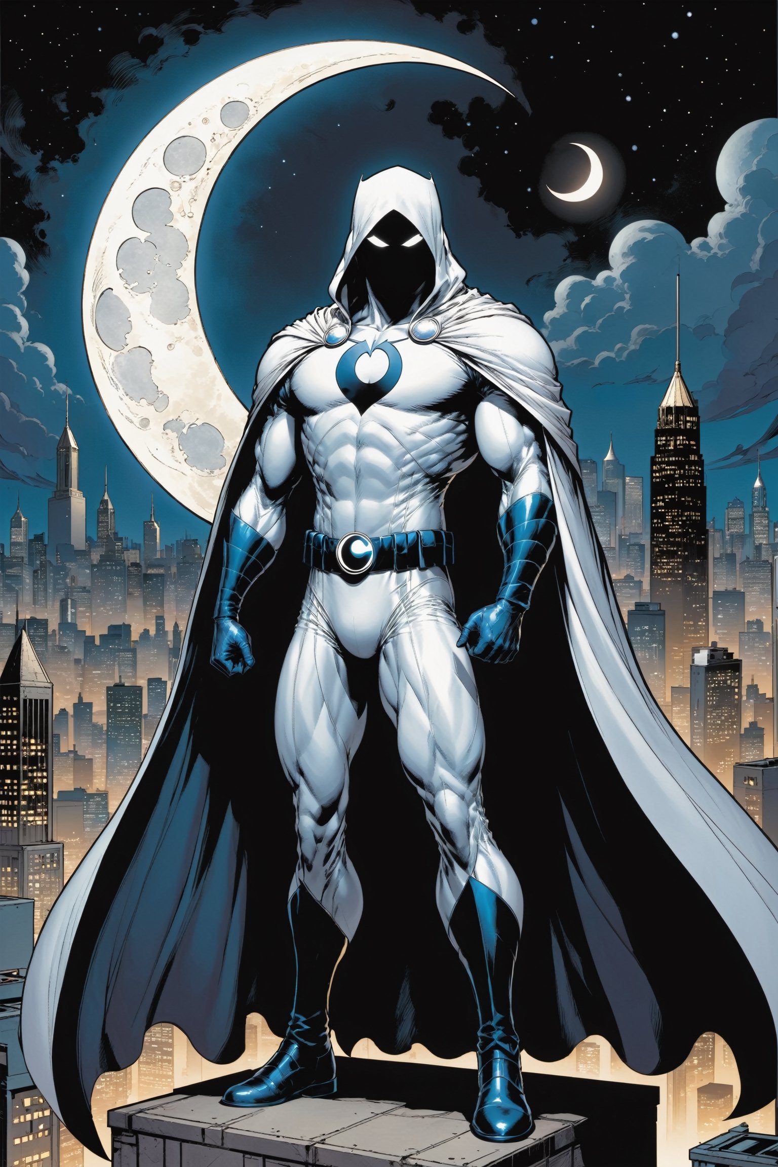 Standing atop a moonlit rooftop, the enigmatic figure known as Moon Knight cuts a striking silhouette against the city skyline. Clad in a suit of White leather, with a hooded cloak, ((adorned with intricate crescent moon motifs)), he exudes an aura of otherworldly power. His muscular physique is accentuated by the tight-fitting suit, which hugs his form like a second skin. A billowing White cape, flows behind him, adding to the air of mystique that surrounds him.

Atop his head rests a hooded cloak and cowl, concealing his features in shadow while his piercing white eyes gleam with an otherworldly intensity. In one hand, he grips a crescent-shaped staff, a versatile weapon capable of both striking down his foes and aiding in his acrobatic feats. On his utility belt, an array of gadgets and tools are holstered, ready to be deployed at a moment's notice.

With an air of silent determination, Moon Knight stands ready to mete out justice upon those who would dare to threaten the innocent, his presence a beacon of hope in the darkness of the night.