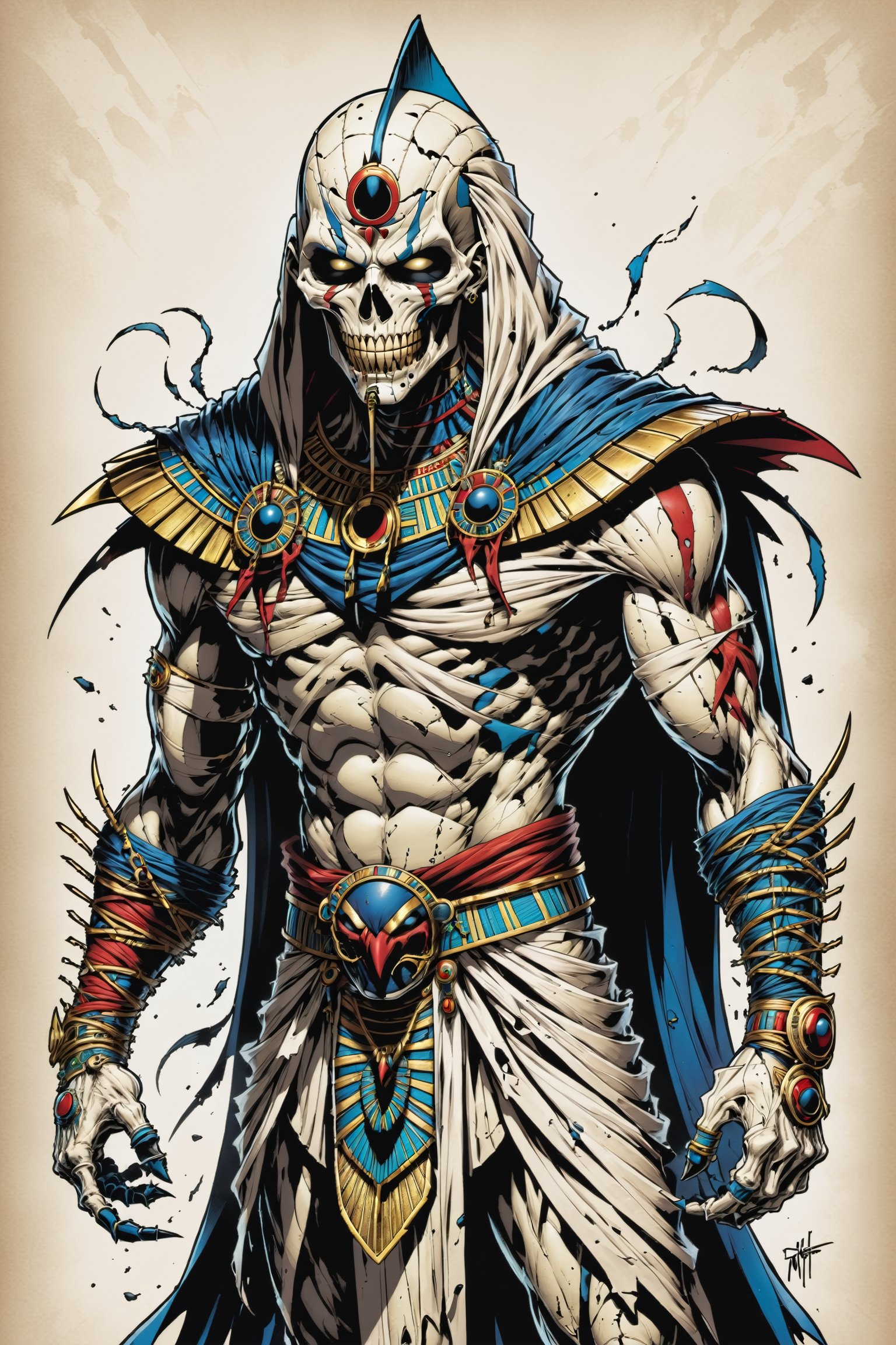 midshot, cel-shading style, centered image, ultra detailed illustration of the comic character ((male Spawn Egyptian mummy, by Todd McFarlane)), posing, wrapped in tattered bandages all over the body, ((Full Body)), (tetradic colors), inkpunk, ink lines, strong outlines, art by MSchiffer, bold traces, unframed, high contrast, cel-shaded, vector, 4k resolution, best quality, (chromatic aberration:1.8)