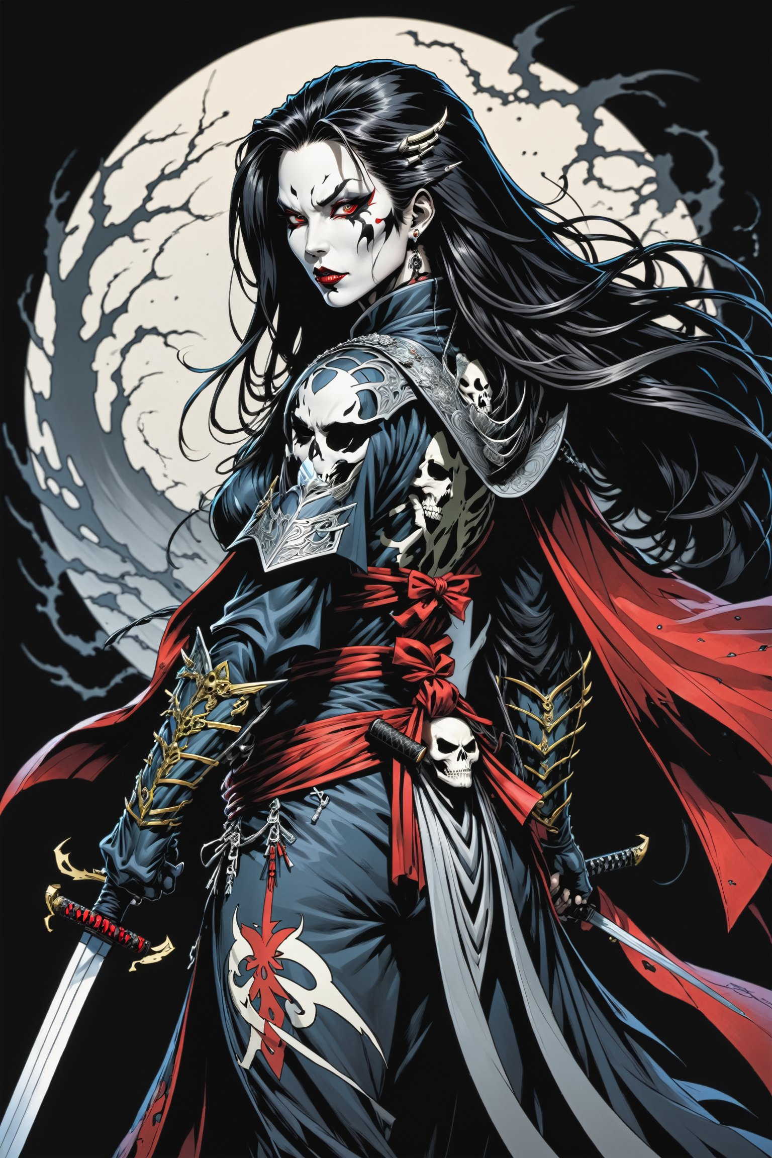 midshot, cel-shading style, centered image, ultra detailed illustration of the comic character ((female Spawn Samurai lady, by Todd McFarlane)), posing, long black long hair, silver and black suit with a skull emblem, long flowing cape,  holding samurai sword, ((view from Behind she’s looking over her shoulder)), ((Full Body)), (tetradic colors), inkpunk, ink lines, strong outlines, art by MSchiffer, bold traces, unframed, high contrast, cel-shaded, vector, 4k resolution, best quality, (chromatic aberration:1.8)