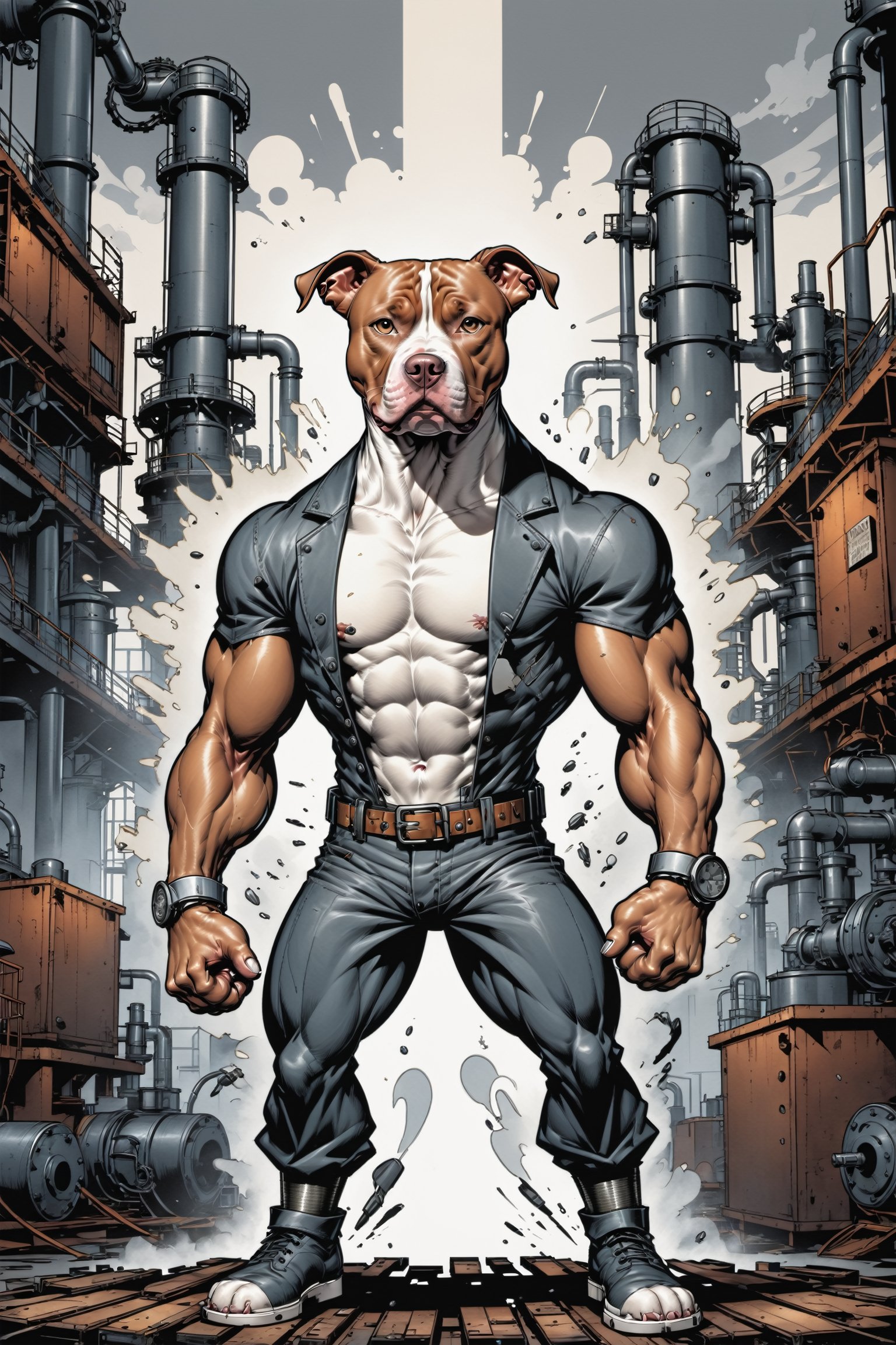 midshot, cel-shading style, centered image, ultra detailed illustration of the comic character ((The Pitbull , ((industrial background)), by Todd McFarlane)), posing, (((Full Body))),  (((it's coloring are White, brown and gray))), ((natural colors)), inkpunk, ink lines, strong outlines, art by MSchiffer, bold traces, unframed, high contrast, cel-shaded, vector, 4k resolution, best quality, (chromatic aberration:1.8