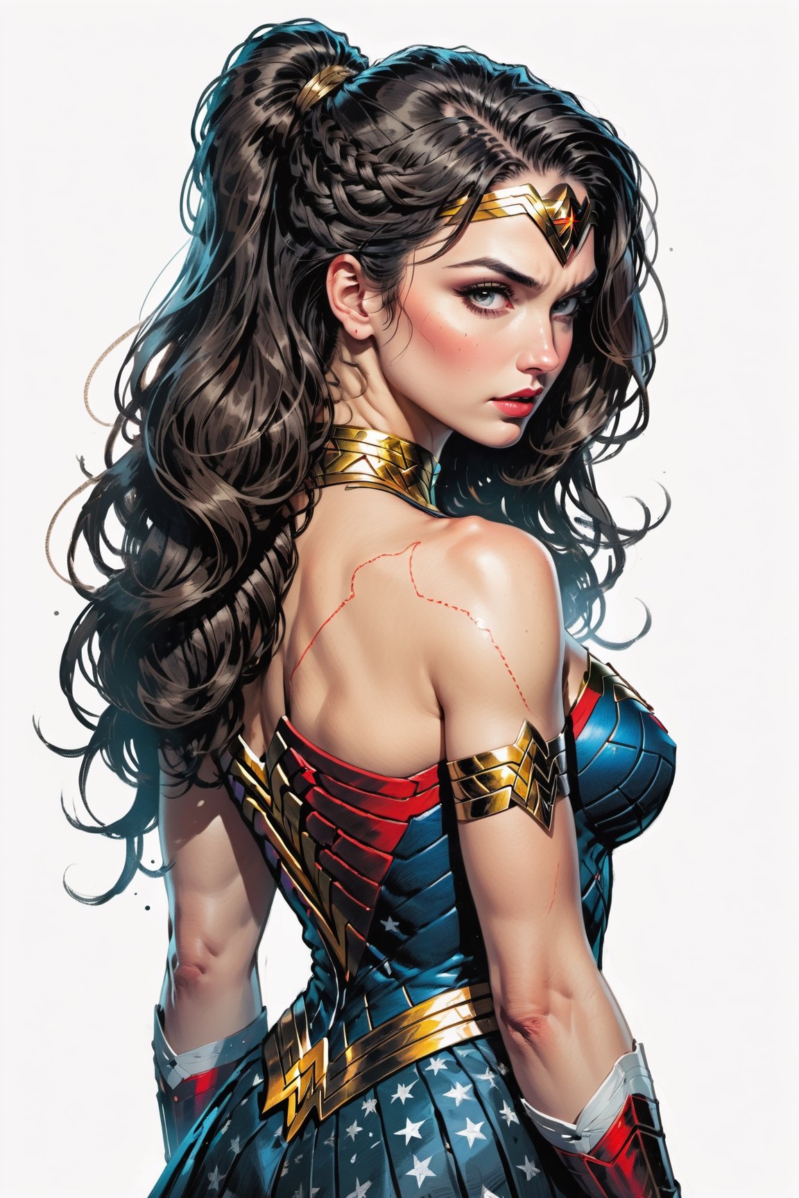 dark, gritty, realistic, mix of bold dark lines and loose lines, bold lines, on paper, turnaround character sheet, a stunningly beautiful (masterpiece, best quality:1.3), (2d:1.3), ink (medium), t-shirt design, White background, Full body, 2D illustration,  (((Wonder Woman))). bits of color, Sketch book, hand drawn, dark, gritty, realistic sketch, Rough sketch, mix of bold dark lines and loose lines, bold lines, on black paper, turnaround character sheet. Half body, (((View from behind))), ((she is looking over her shoulder)), ((she's wearing a lacy Victorian dress)), arcane symbols, runes, dark theme, flowing partially braided Black hair, large long ponytail, (sharp lines), lines of bold ink, strong outlines, bold strokes, high contrast, (professional vector), best quality, flat colors, flat lights, no shadows, low levels, ((geometric shapes)), paint splatters, arcane symbols, runes, dark theme, Perfect composition golden ratio, masterpiece, best quality, 4k, sharp focus. Better hand, perfect anatomy, ((safe for work))