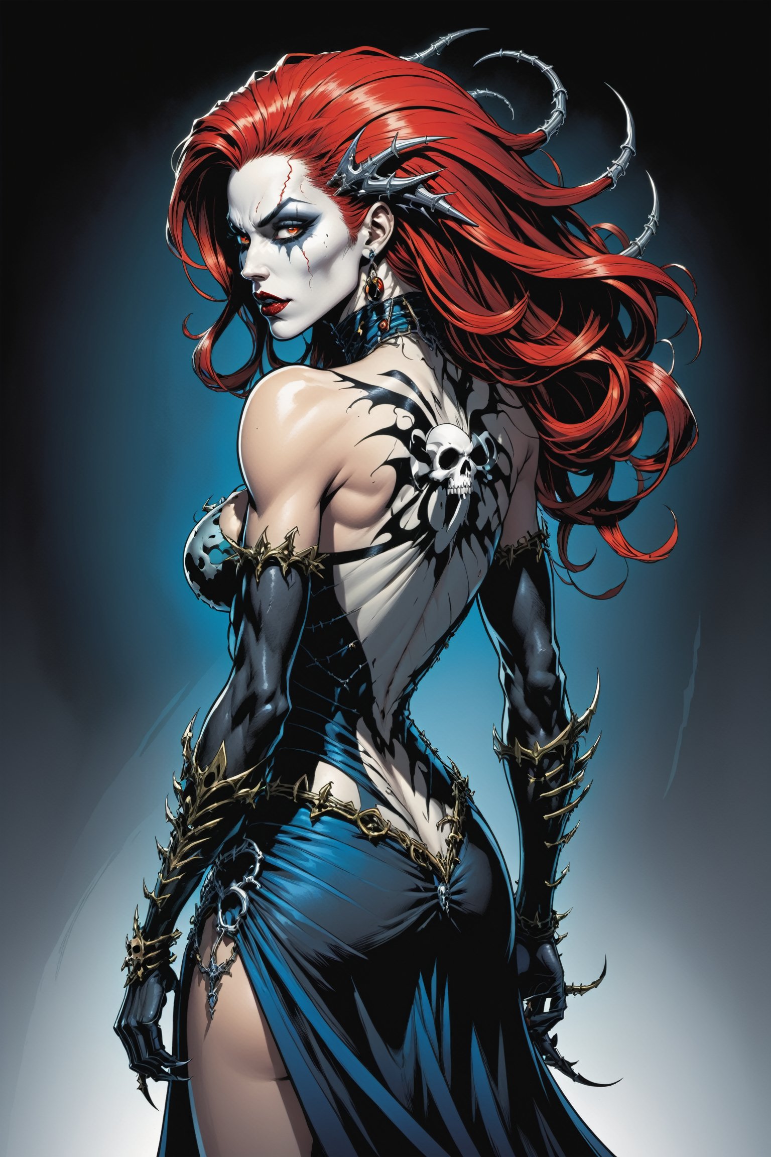 midshot, cel-shading style, centered image, ultra detailed illustration of the comic character ((female Spawn Queen of the Damned by Todd McFarlane)), posing, Black, dress with a skull emblem, ((View from Behind she's looking over her shoulder)), ((Full Body)), ((View from behind)), (tetradic colors), inkpunk, ink lines, strong outlines, art by MSchiffer, bold traces, unframed, high contrast, cel-shaded, vector, 4k resolution, best quality, (chromatic aberration:1.8)