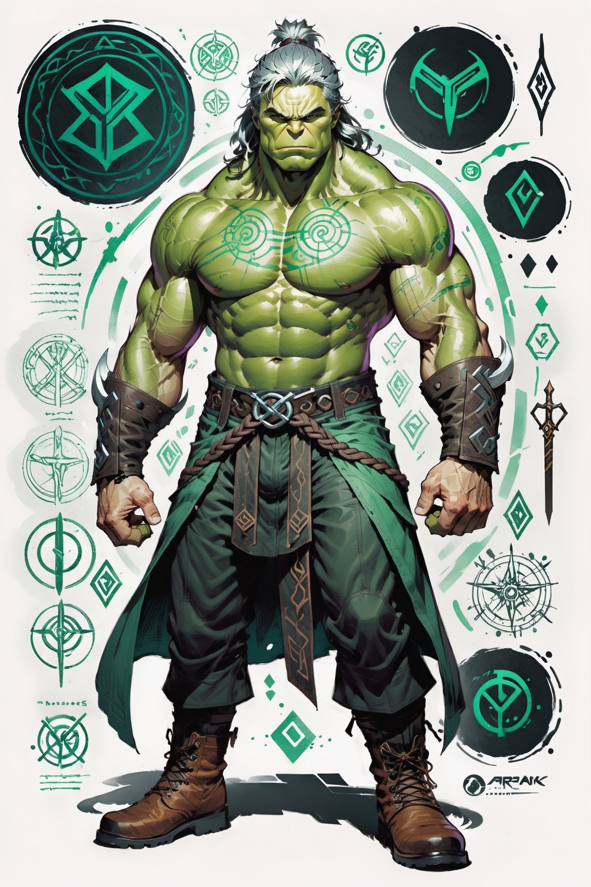 dark, gritty, realistic, mix of bold dark lines and loose lines, bold lines, on paper, turnaround character sheet, a stunningly beautiful (masterpiece, best quality:1.3), (2d:1.3), ink (medium), t-shirt design, White background, Full body, 2D illustration,  ((The Hulk)). bits of color, Sketch book, hand drawn, dark, gritty, realistic sketch, Rough sketch, mix of bold dark lines and loose lines, bold lines, on paper, turnaround character sheet. Close-up of his face, arcane symbols, runes, dark theme, flowing partially braided pale Green hair, handsome, padded leather clothing embroidered with runes, modest, leather rune embroidered boots, (sharp lines), lines of bold ink, strong outlines, bold strokes, high contrast, (professional vector), best quality, flat colors, flat lights, no shadows, low levels, ((geometric shapes)), paint splatters, arcane symbols, runes, dark theme, Perfect composition golden ratio, masterpiece, best quality, 4k, sharp focus. Better hand, perfect anatomy, ((safe for work))