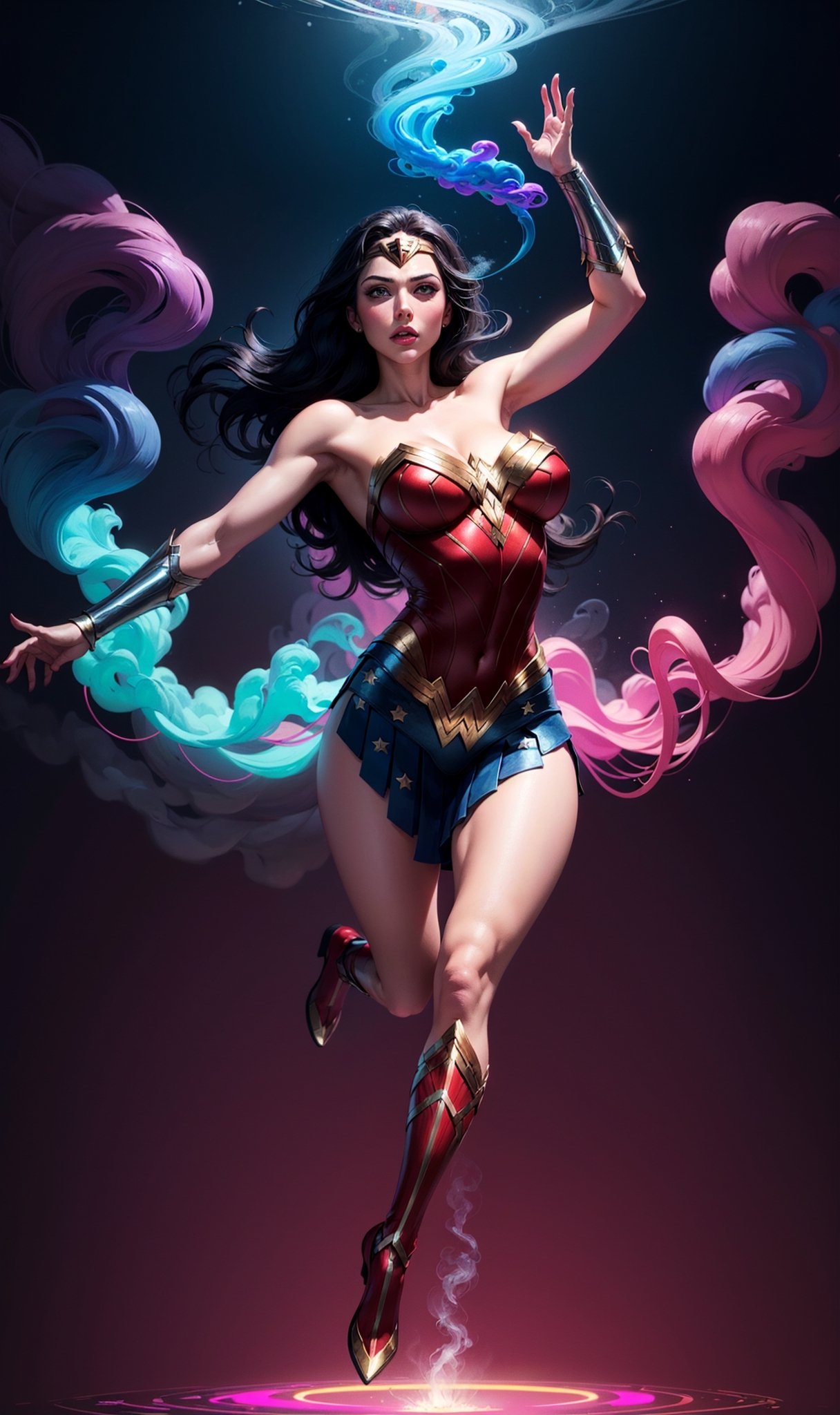 Wonder Woman (big tits),(( flying toward viewer,)),((full body)), masterpiece, best quality, ((abstract, psychedelic, neon, smoke , background)),(creative:1.3), sy3, SMM, fantasy00d