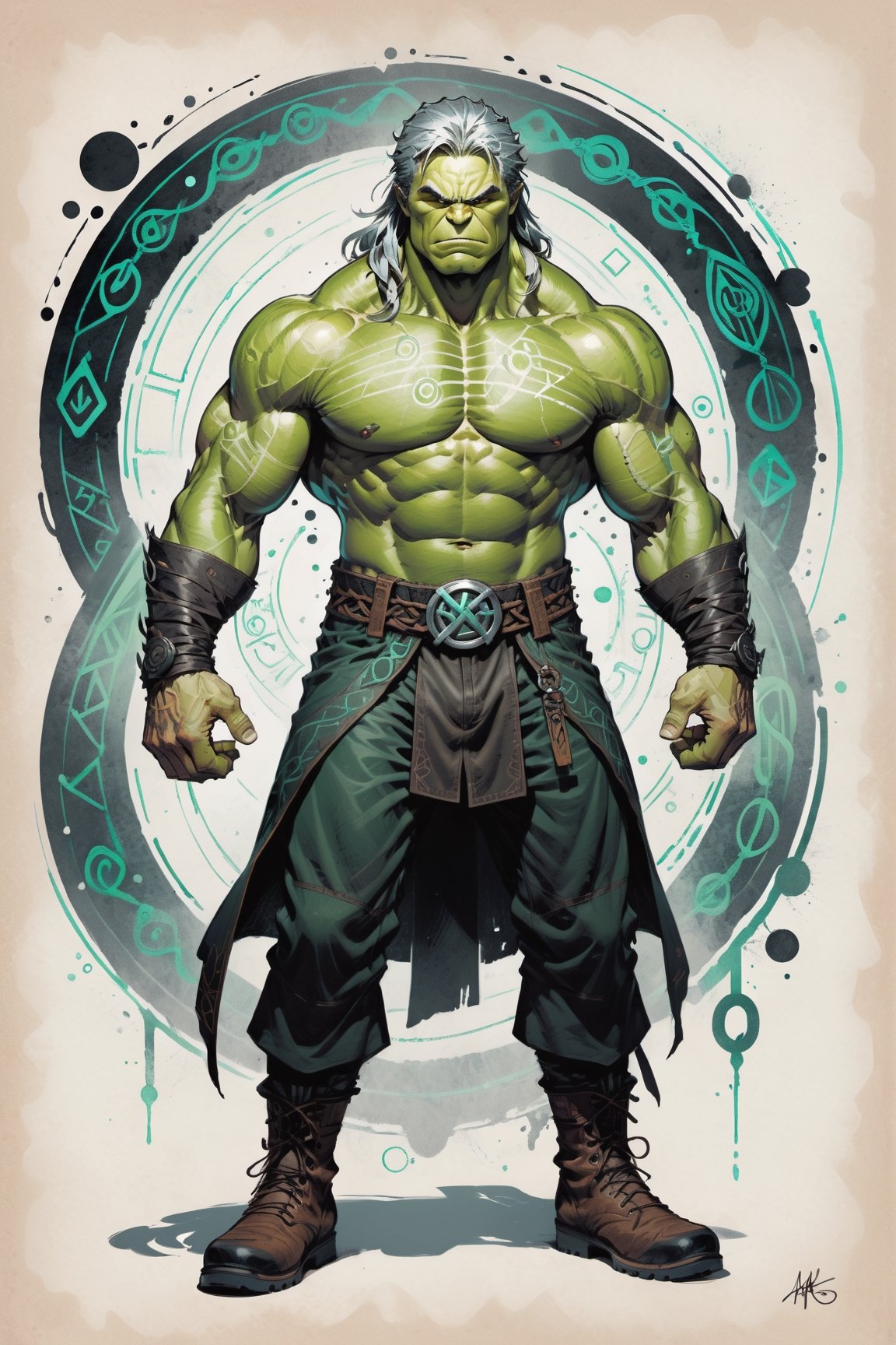 dark, gritty, realistic, mix of bold dark lines and loose lines, bold lines, on paper, turnaround character sheet, a stunningly beautiful (masterpiece, best quality:1.3), (2d:1.3), ink (medium), t-shirt design, White background, Full body, 2D illustration,  ((The Hulk)). bits of color, Sketch book, hand drawn, dark, gritty, realistic sketch, Rough sketch, mix of bold dark lines and loose lines, bold lines, Black paper, turnaround character sheet. Close-up of his face, arcane symbols, runes, dark theme, flowing partially braided pale Green hair, handsome, padded leather clothing embroidered with runes, modest, leather rune embroidered boots, (sharp lines), lines of bold ink, strong outlines, bold strokes, high contrast, (professional vector), best quality, flat colors, flat lights, no shadows, low levels, ((geometric shapes)), paint splatters, arcane symbols, runes, dark theme, Perfect composition golden ratio, masterpiece, best quality, 4k, sharp focus. Better hand, perfect anatomy, ((safe for work))