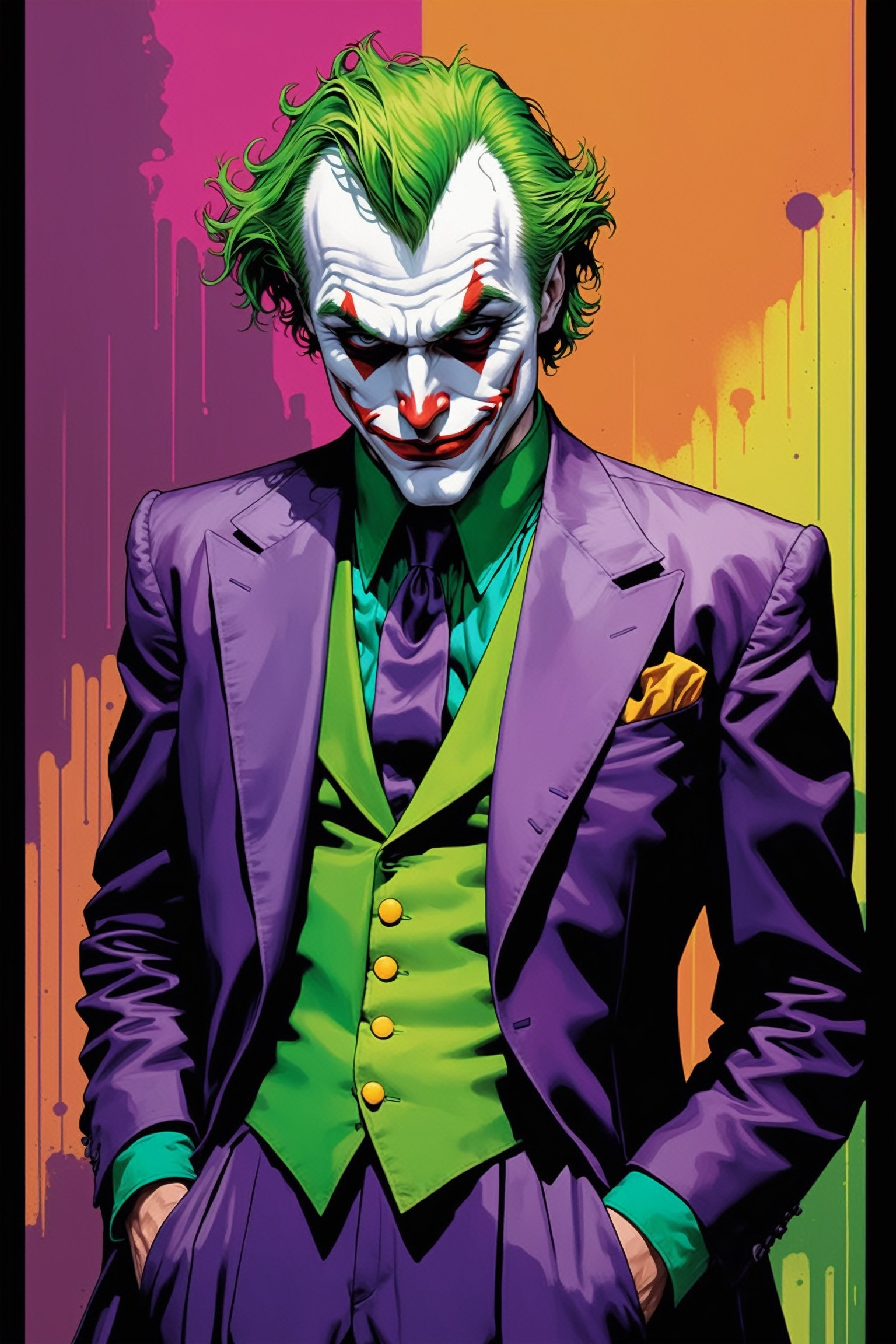 midshot, cel-shading style, centered image, ultra detailed illustration of The Joker, posing, ((Full Body)), (tetradic colors), ((inkpunk)), ((ink lines)), strong outlines, art by MSchiffer, bold traces, unframed, high contrast, cel-shaded, 4k resolution, best quality, (chromatic aberration:1.8)
