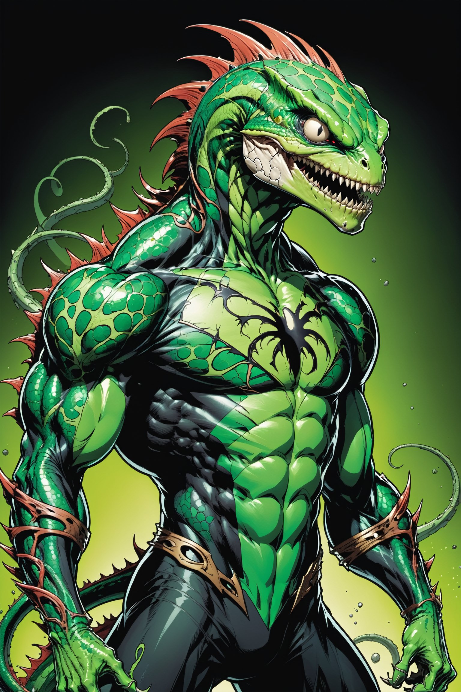 midshot, cel-shading style, centered image, ultra detailed illustration of the comic character ((lizard Spawn by Todd McFarlane)), posing, green, light green, brown, and black body suit with a skull emblem, ((Full Body)) ,ornate background, (tetradic colors), inkpunk, ink lines, strong outlines, art by MSchiffer, bold traces, unframed, high contrast, cel-shaded, vector, 4k resolution, best quality, (chromatic aberration:1.8)