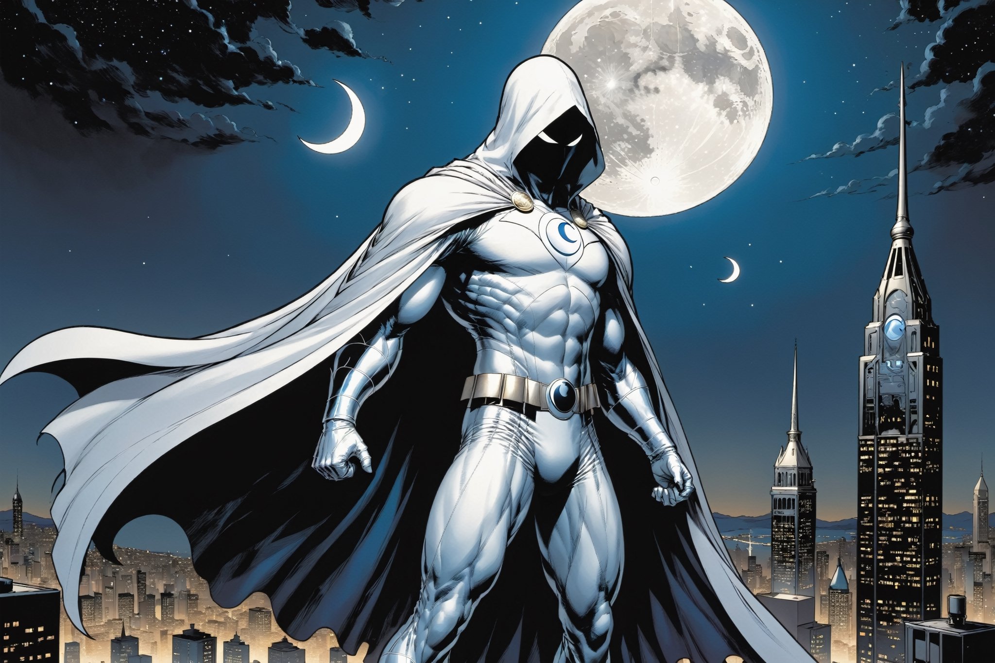 Standing atop a moonlit rooftop, the enigmatic figure known as Moon Knight cuts a striking silhouette against the city skyline. Clad in a suit of White leather, with a hooded cloak, ((adorned with intricate crescent moon motifs)), he exudes an aura of otherworldly power. His muscular physique is accentuated by the tight-fitting suit, which hugs his form like a second skin. A billowing White cape, flows behind him, adding to the air of mystique that surrounds him.

Atop his head rests a hooded cloak and cowl, concealing his features in shadow while his piercing white eyes gleam with an otherworldly intensity. In one hand, he grips a crescent-shaped staff, a versatile weapon capable of both striking down his foes and aiding in his acrobatic feats. On his utility belt, an array of gadgets and tools are holstered, ready to be deployed at a moment's notice.

With an air of silent determination, Moon Knight stands ready to mete out justice upon those who would dare to threaten the innocent, his presence a beacon of hope in the darkness of the night.